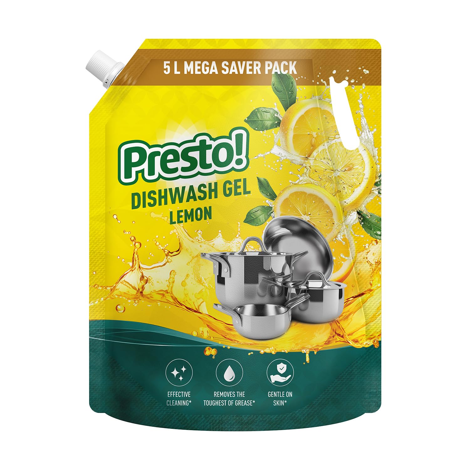Amazon Brand - Presto! Dishwash Gel | Lemon | 5 L Refill Value Pack | Dishwash Liquid | Cuts Through Grease | Safe On Hands