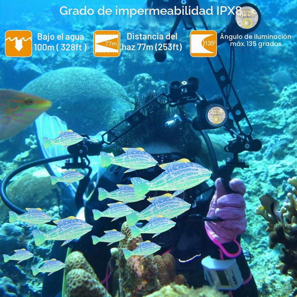 APLOS AP70 - Luz de video de buceo, 6000 lúmenes, ángulo de haz amplio de 135 grados, linterna subacuática con luz UV roja