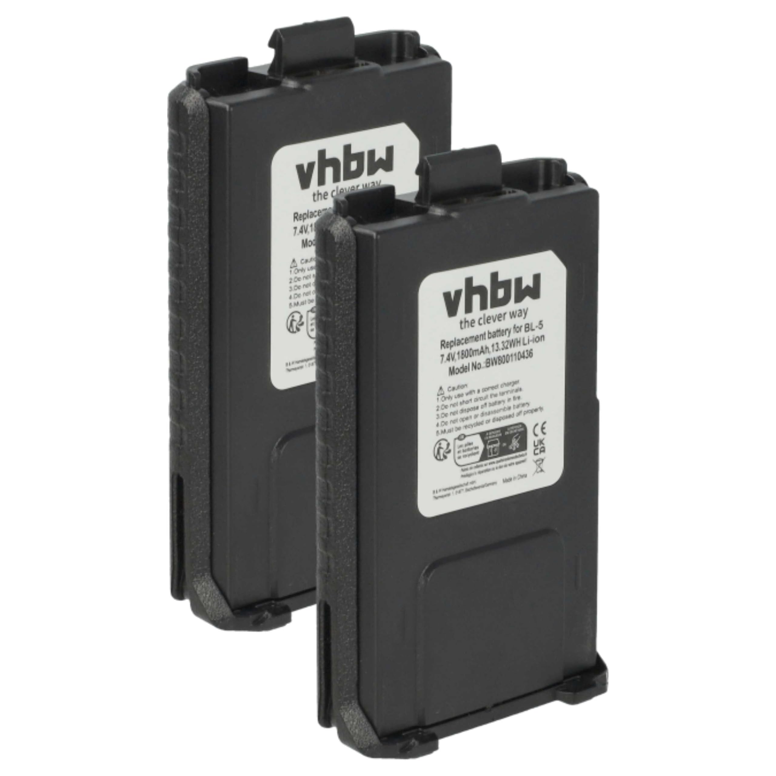vhbw 2X Batterie Compatible avec Baofeng UV-5R, BF-F8, UV-5RA, UV-5RE, BF-F9 Radio Talkie-walkie (1800mAh, 7,4V, Li-ION)