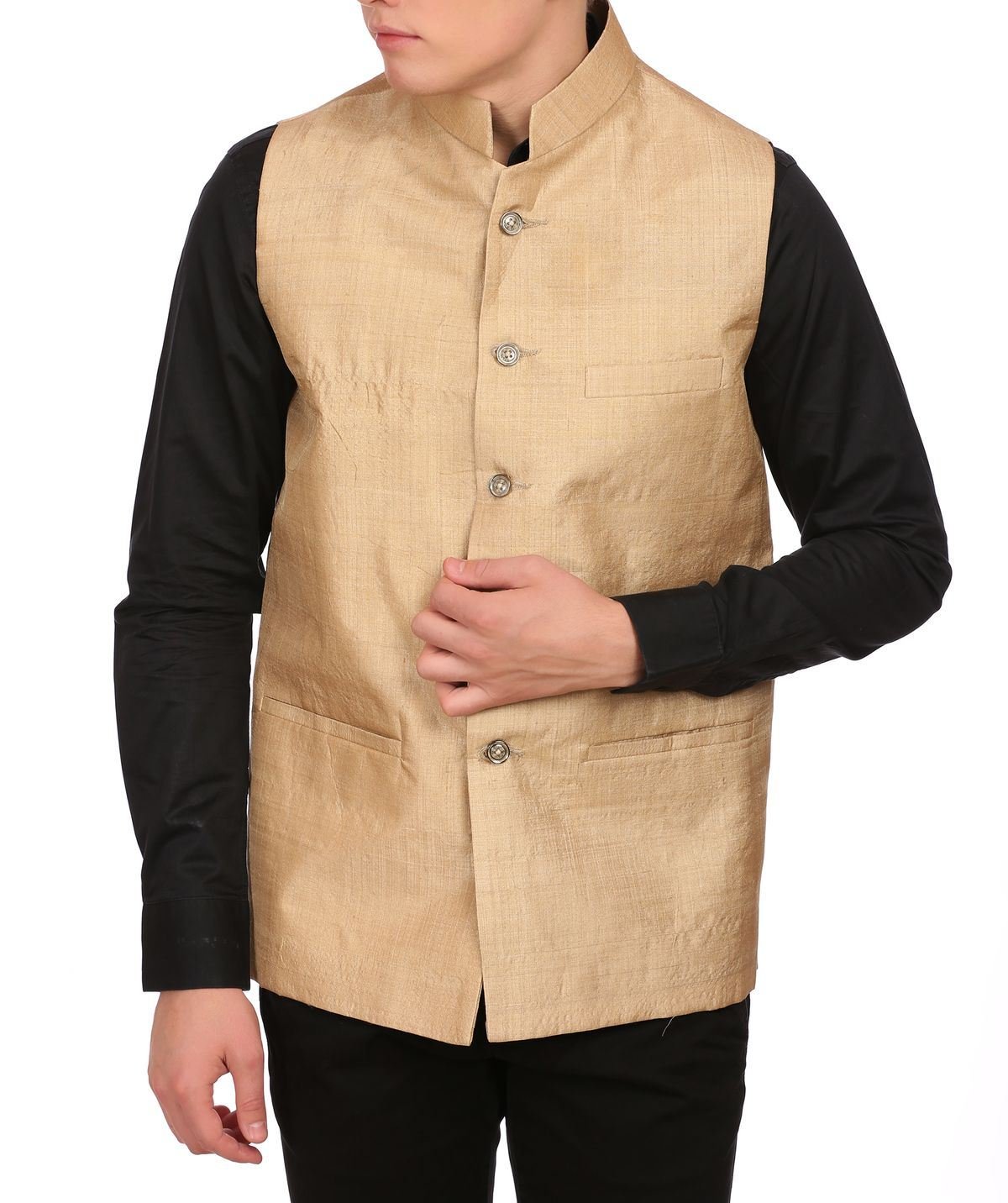 wintage Men's Golden Muga Silk Grandad Collar Festive Golden Nehru Jacket Vest Waistcoat-picture-14