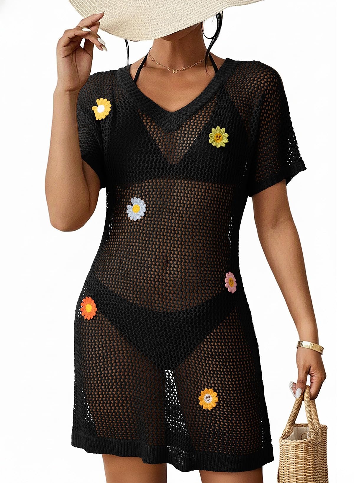 Dokotoo Swimsuit Coverup for Women 2026 V Neck Short Sleeve Floral Beach Dress Crochet Swim Cover Up Vacation