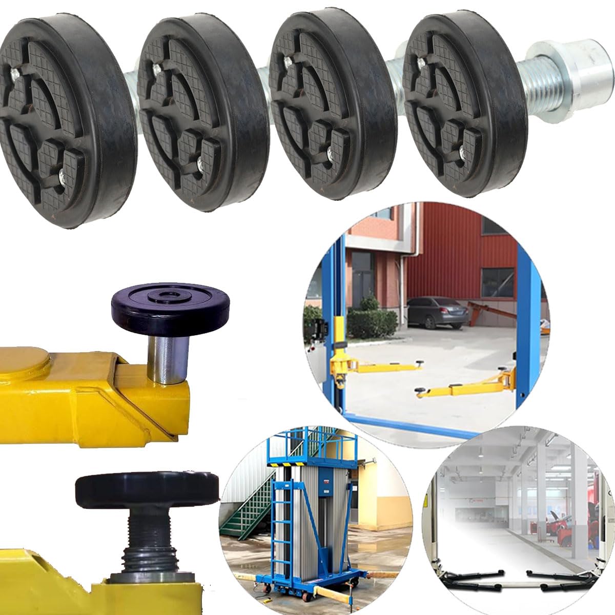 Set di 4 Tampone in Gomma per Cric Sollevatore Auto, Regolabile Tondo Tampone in Gomma con Filettato Acciaio Uso Universale Accessorio Cric Idraulico Tamponi Martinetti Sollevatore