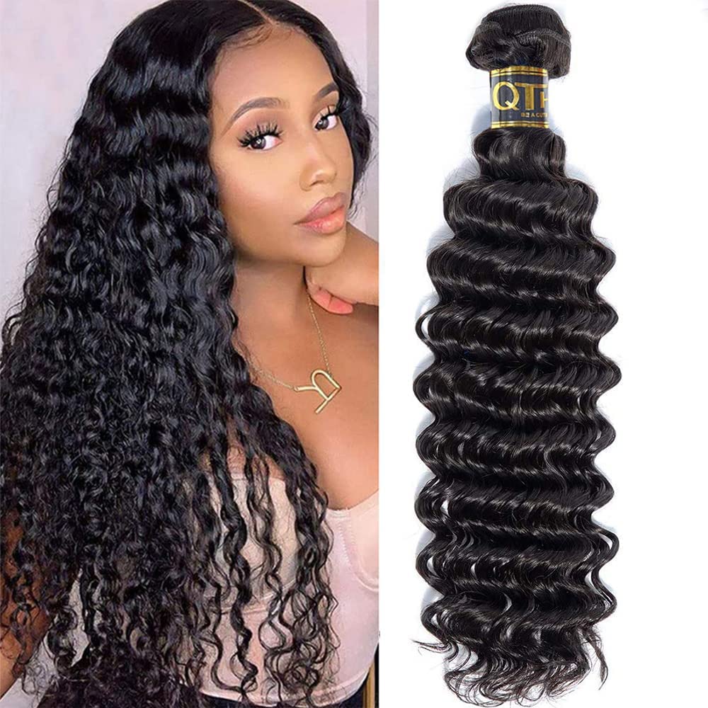 QTHAIR14A Brazilian Virgin Hair Deep Wave Bundles Deep Wave Bundles Human Hair Deep Wave Bundles 100% Unprocessed Deep Curly Human Hair Weave Natural Color(16 Inch)