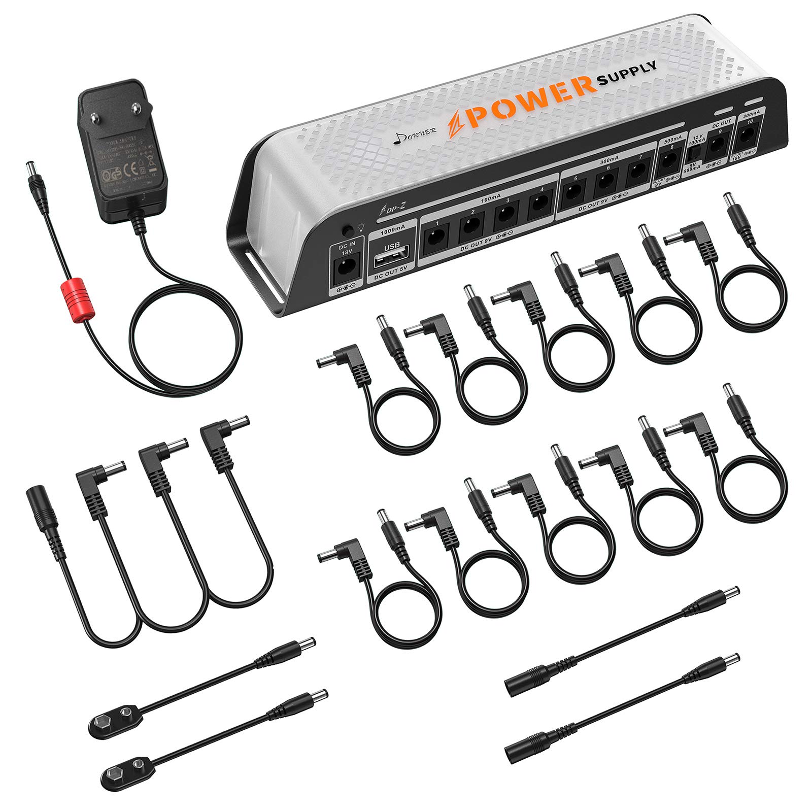 Donner DP-Z - Alimentatore di rete a pedale per chitarra da 9 V, 10 uscite CC isolate con porta USB per 9 V/12 V/18 V, 2000 m di ingresso