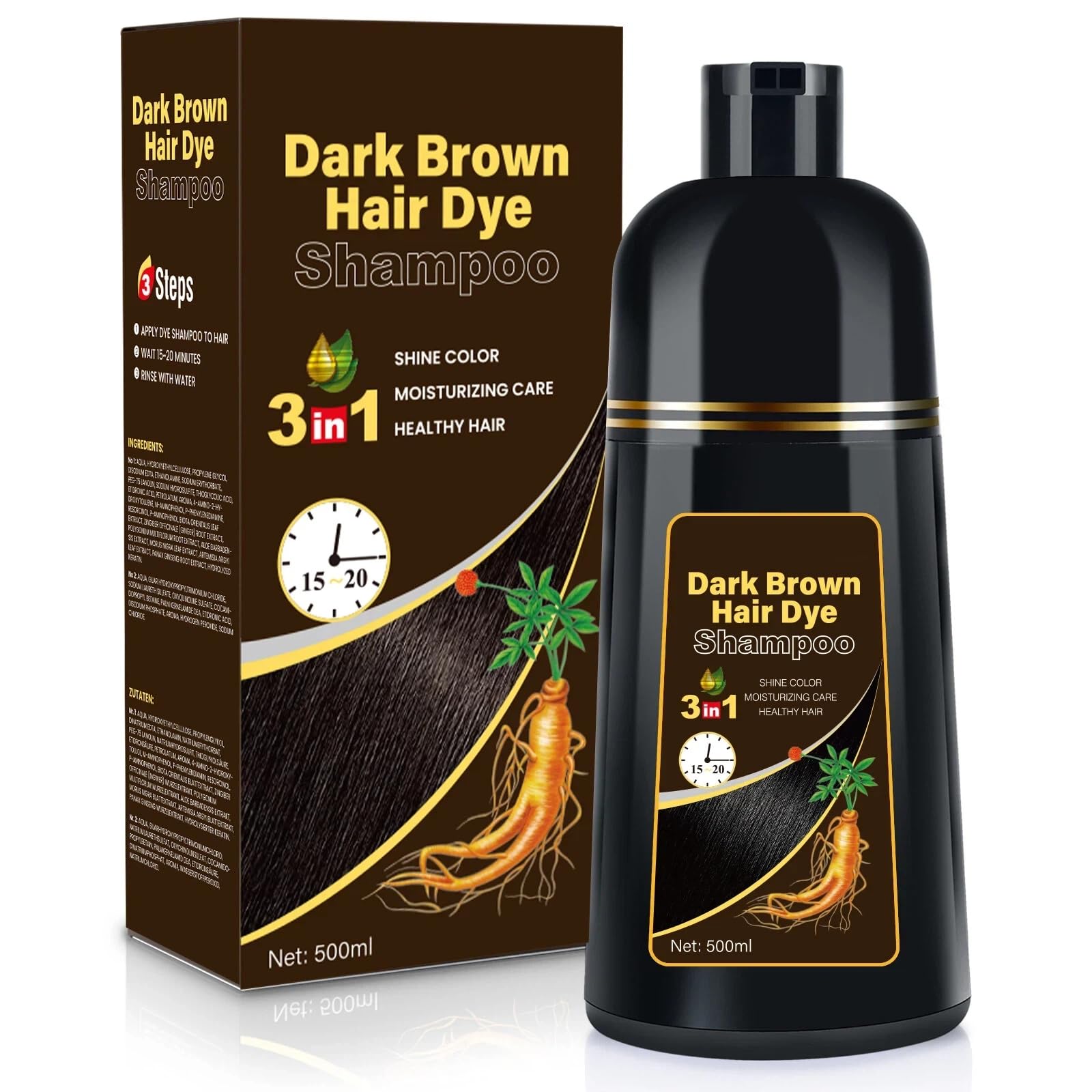Hair Dye Shampoo for Gray Hair Coverage, 3-in-1 Semi-Permanent Color Shampoo for Women & Men Dark Brown