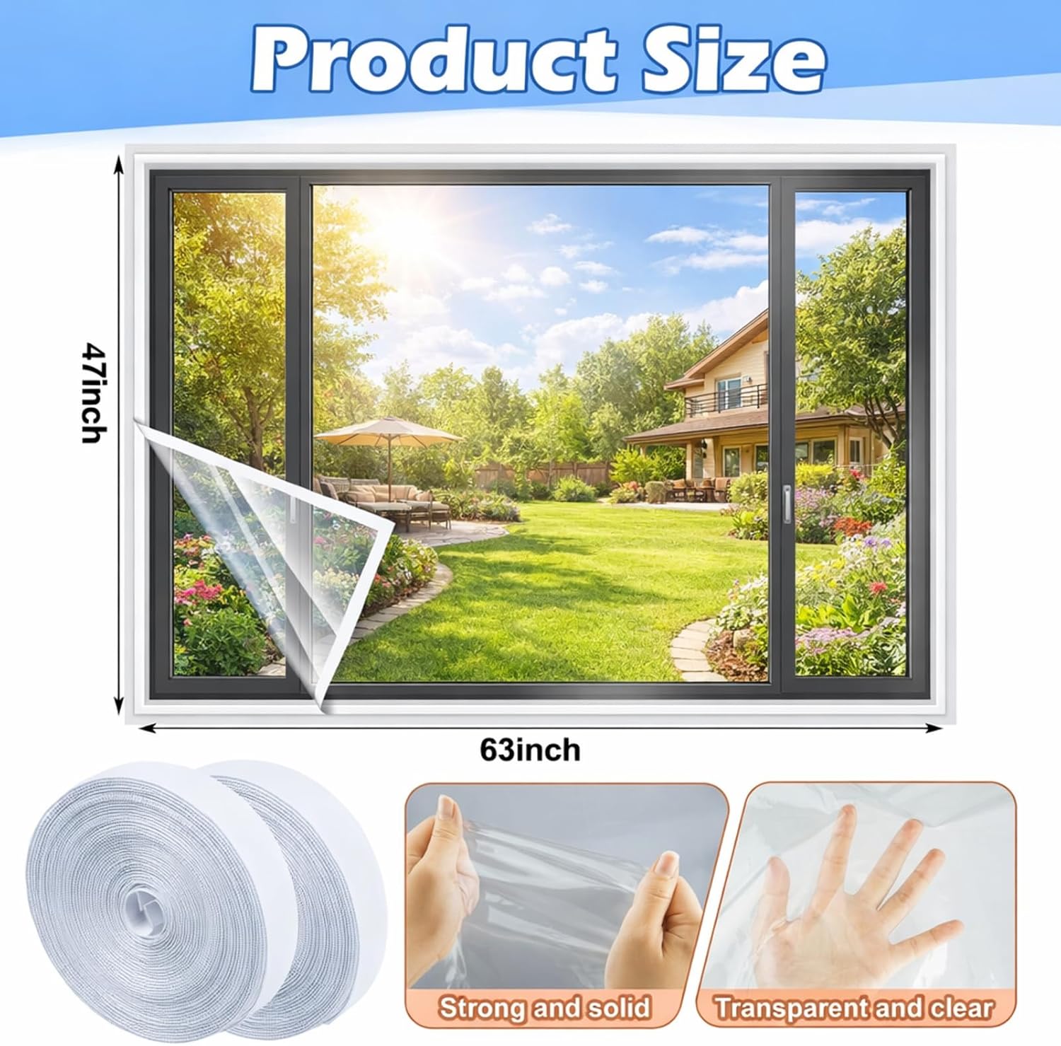Beeveer 47 x 63 Inch Adjustable Window Insulation Kit for Summer Heat Cuttable Window Plastic Keep Warm in Winter Cool in Summer Transparent Film with Adhesive Straps Reusable Winterizing Cover