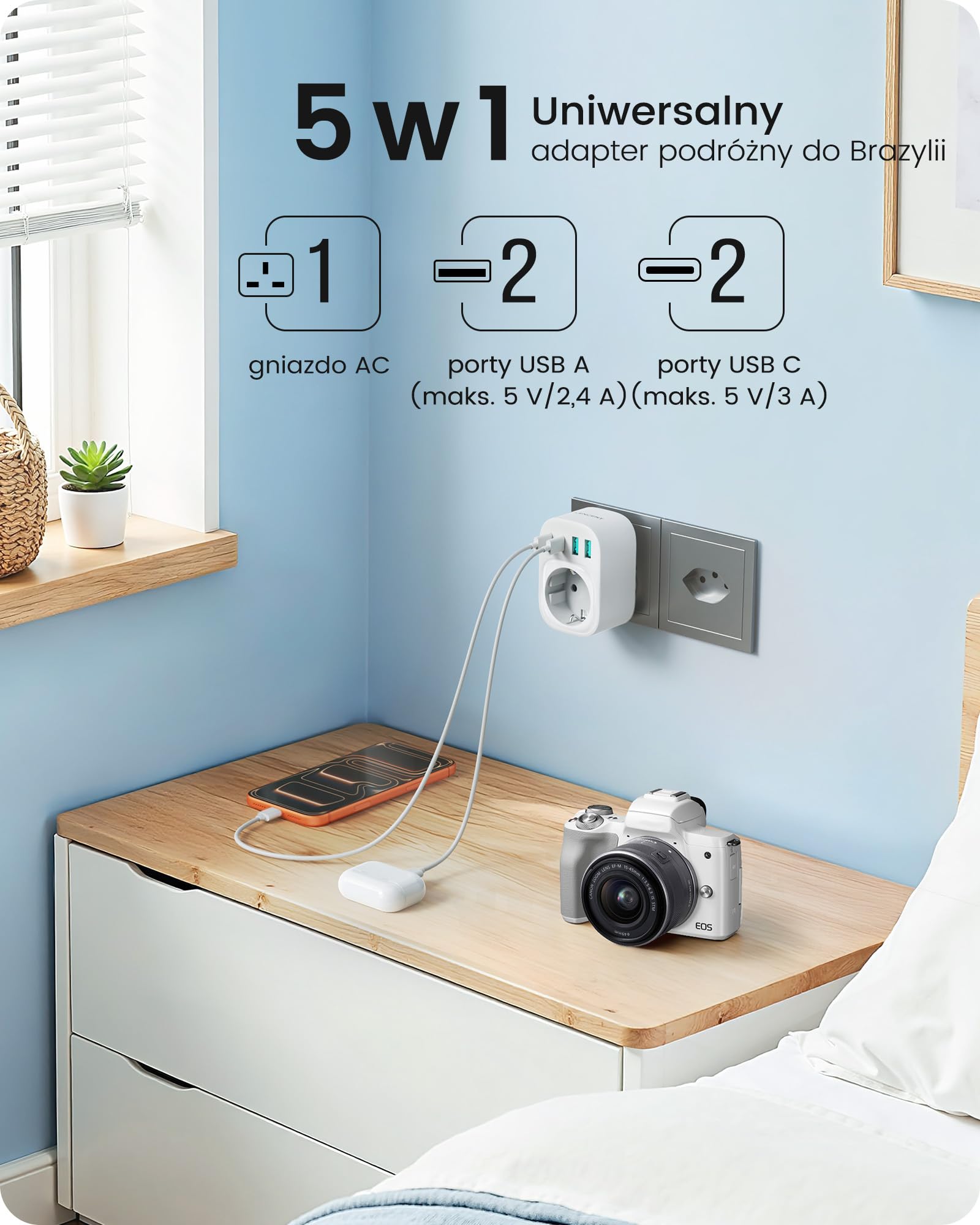 LENCENT Adapter podróżny 5 w 1 Brazylia, typ N do gniazdka brazylijskiego | europejski na Brazylię, adapter wtykowy z 2 portami USB-C i 2 portami USB-A, maks. 2500 W