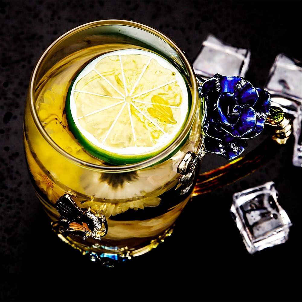 Up To 40% OFF COAWG Glass Tea Cup With Spoon, 2Pcs -12oz Blue Rose Flower Hand made Flower Clear Tea Mug, Unique Gift Graduation Girl