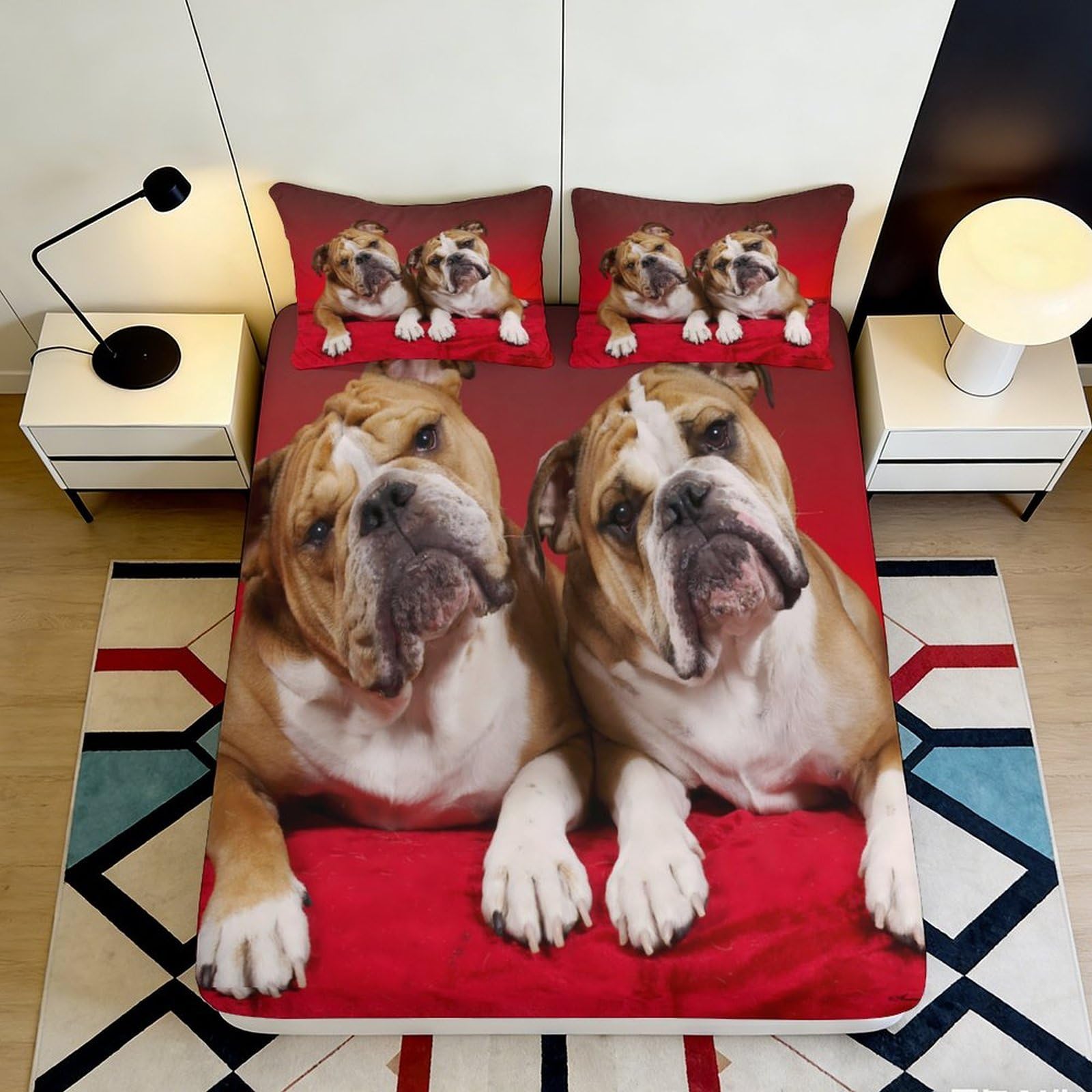 Jqzkxnhpbr Style-2 3D Printed Bulldog Couple Fitted Sheet Microfiber Red Bed Cover Non-Slip Machine Washable Bedroom Decor 90X200x25cm