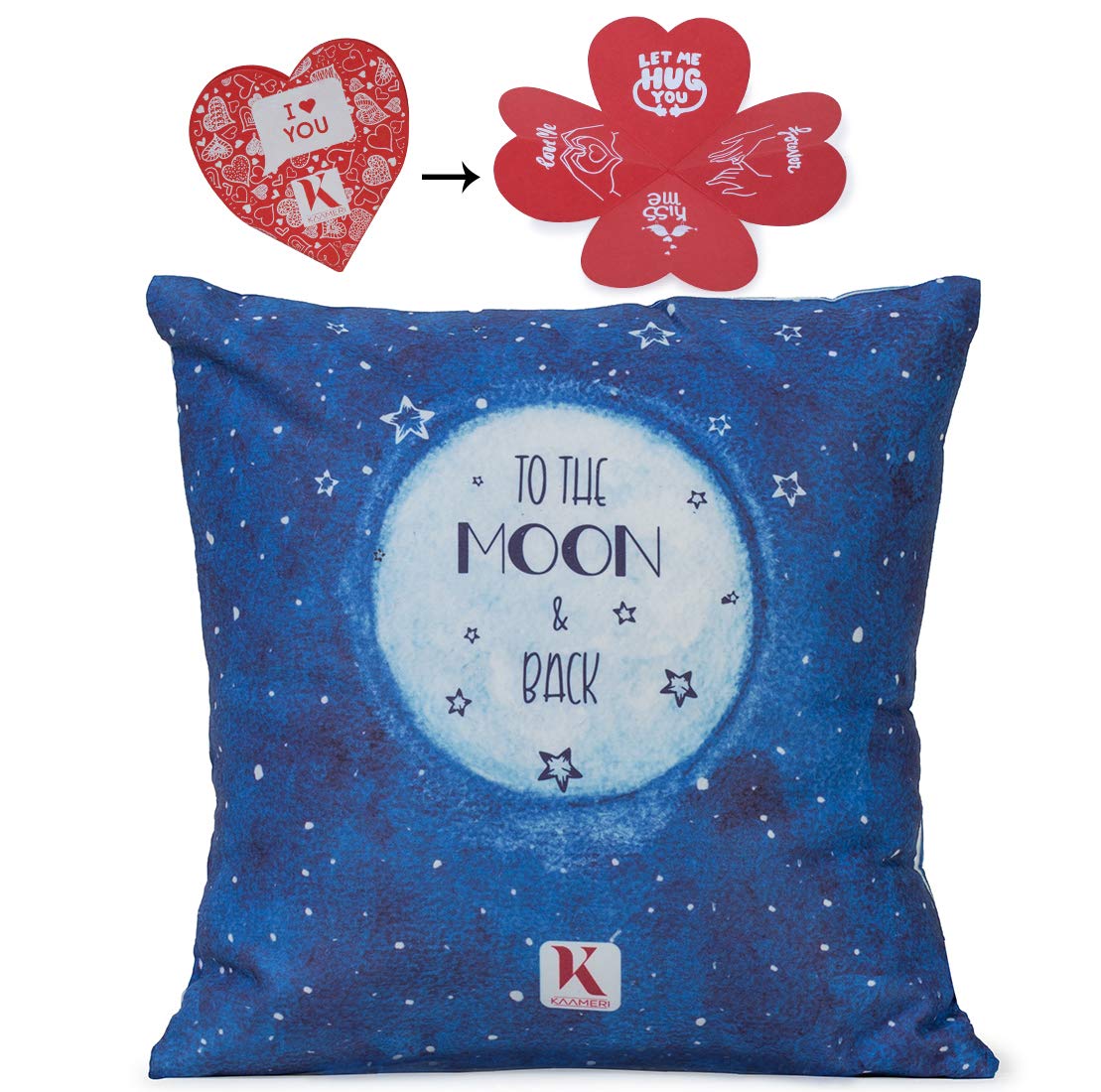 Next Bazaar Micro Satin and Fibre Hand Painted Watercolor Shining Moon with Stars on The Night with to The Moon and Back Quote Printed Cushion Cover with Filler(Blue 12 x 12)