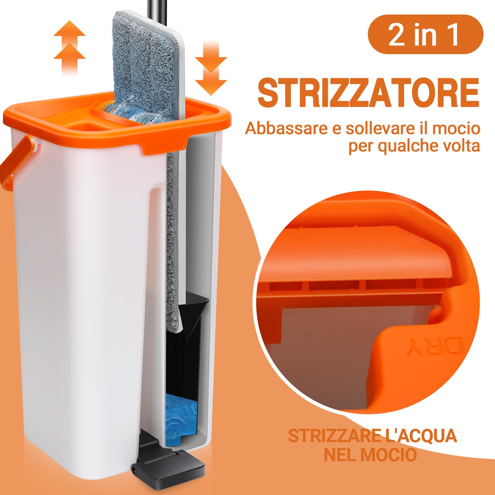 MASTERTOP Mocio Lavapavimenti e Secchio Strizzatore, Mocio Piatto Rotante e Piccolo Secchio Autolavaggio, Mop a Mani Libere in Microfibra, con 3 Tamponi Riutilizzabili (Arancione)