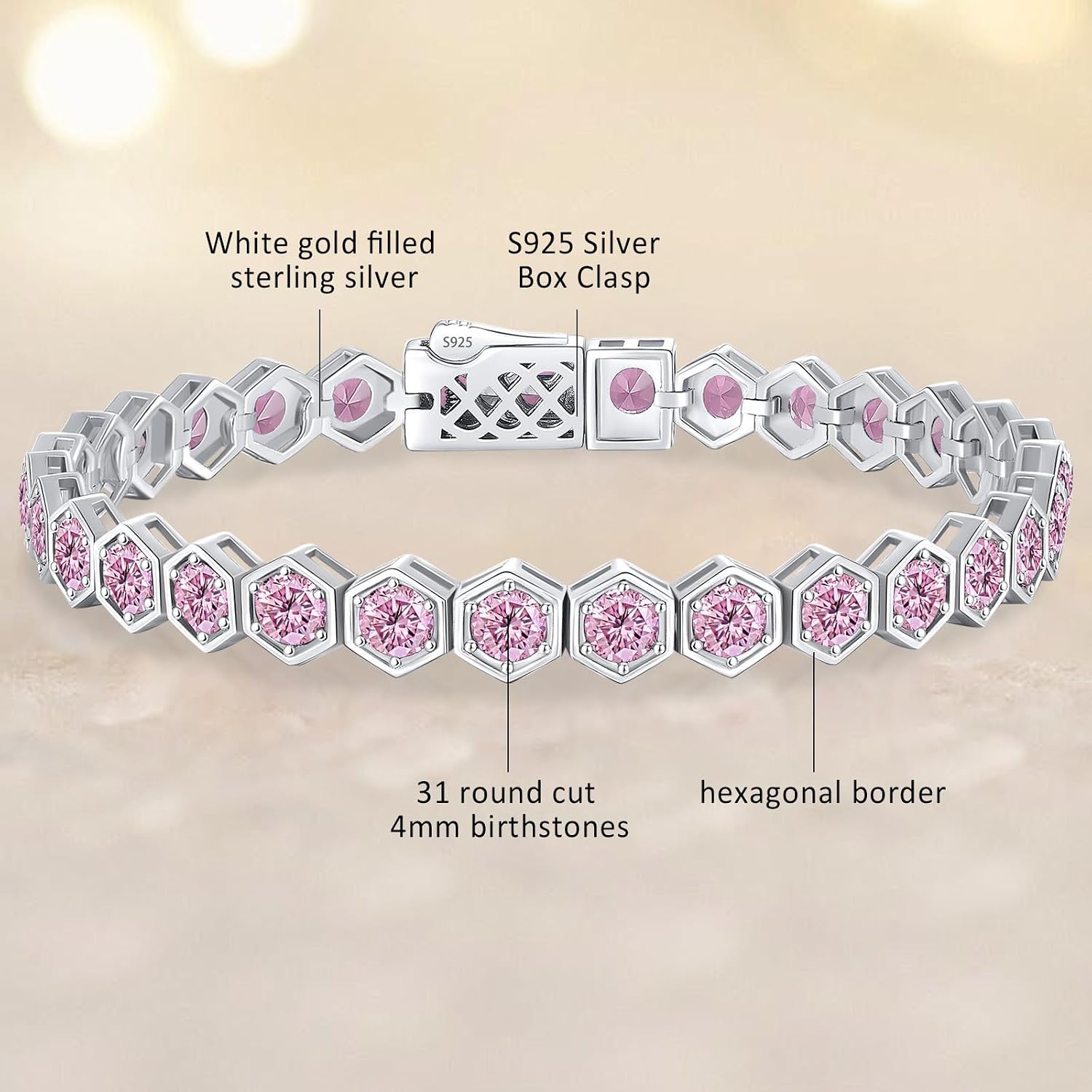 Tennis Bracelets for Women White Gold Birthstone Bracelets 925 Sterling Silver Birthday Gifts Hexagon Round Cut Gemstone Prong Setting 7 Inch Wedding Anniversary Everyday Jewelry Gift