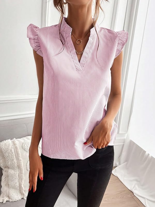Floerns Women's Striped Ruffle Cap Sleeve Tops Summer Blouse Tops V Neck Business Causal Work Outfits for 2025 Pink Striped X-Large by Floerns - Used condition - Image 3