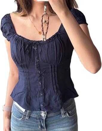 Women Y2k Shirts Short Sleeve Coquette Square Neck Button Ruffle Lace Patchwork Fairy Grunge Going Out Tops Tees