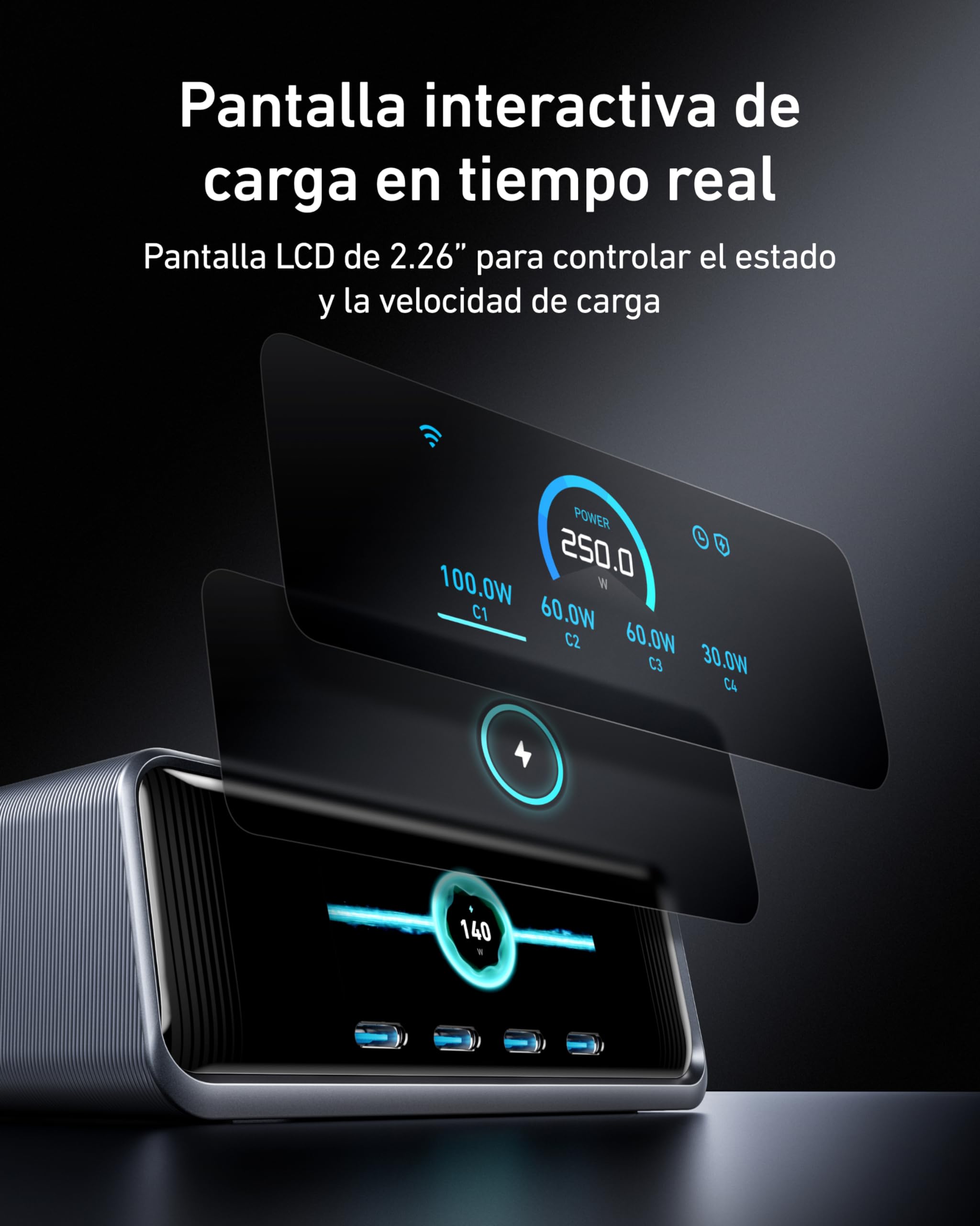 Anker Prime GAN Cargador USB C Carga Rapida 250 W, Estación de 6 Puertos, Pantalla LCD de 2,26" y Dial de Control Inteligente para MacBook Pro/Air, iPhone 17/16/15/14 Air, Pixel, Galaxy, Apple Watch