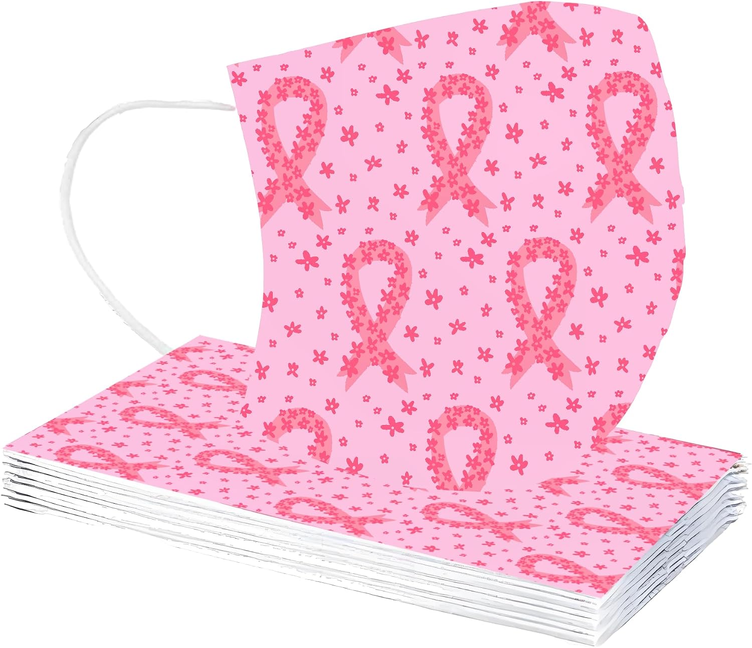 50 Pack Pink Ribbon Disposable Face Mask - Commemorative Breast Cancer Awareness Masks for October Love Your Breast Day Events & Charity Walks