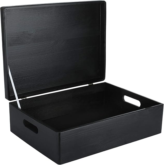 Creative Deco XL Black Wooden Storage Box | 40 x 30 x 14 cm (+/-1 cm) | with Hinged Lid & Handles | Gift Box for Tool Dog Toy Shoes Clothes Kitchen Document Storage | Wood Keepsake Memory Craft Chest