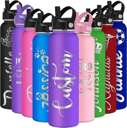 Botellas de agua personalizadas de 24 onzas con nombre grabado, tapa de pajilla, acero inoxidable con aislamiento personalizado, asa de taza