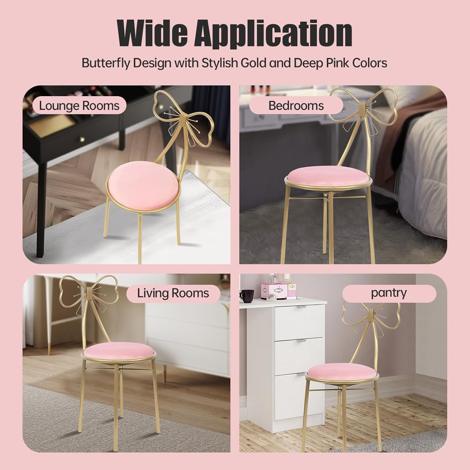 Velvet Butterfly Chair – Light Pink Vanity Chair with Gold Metal Frame & Soft Sponge Cushion, Elegant Bow Backrest, Modern Design for Bedroom, Dining Room, & Lounge