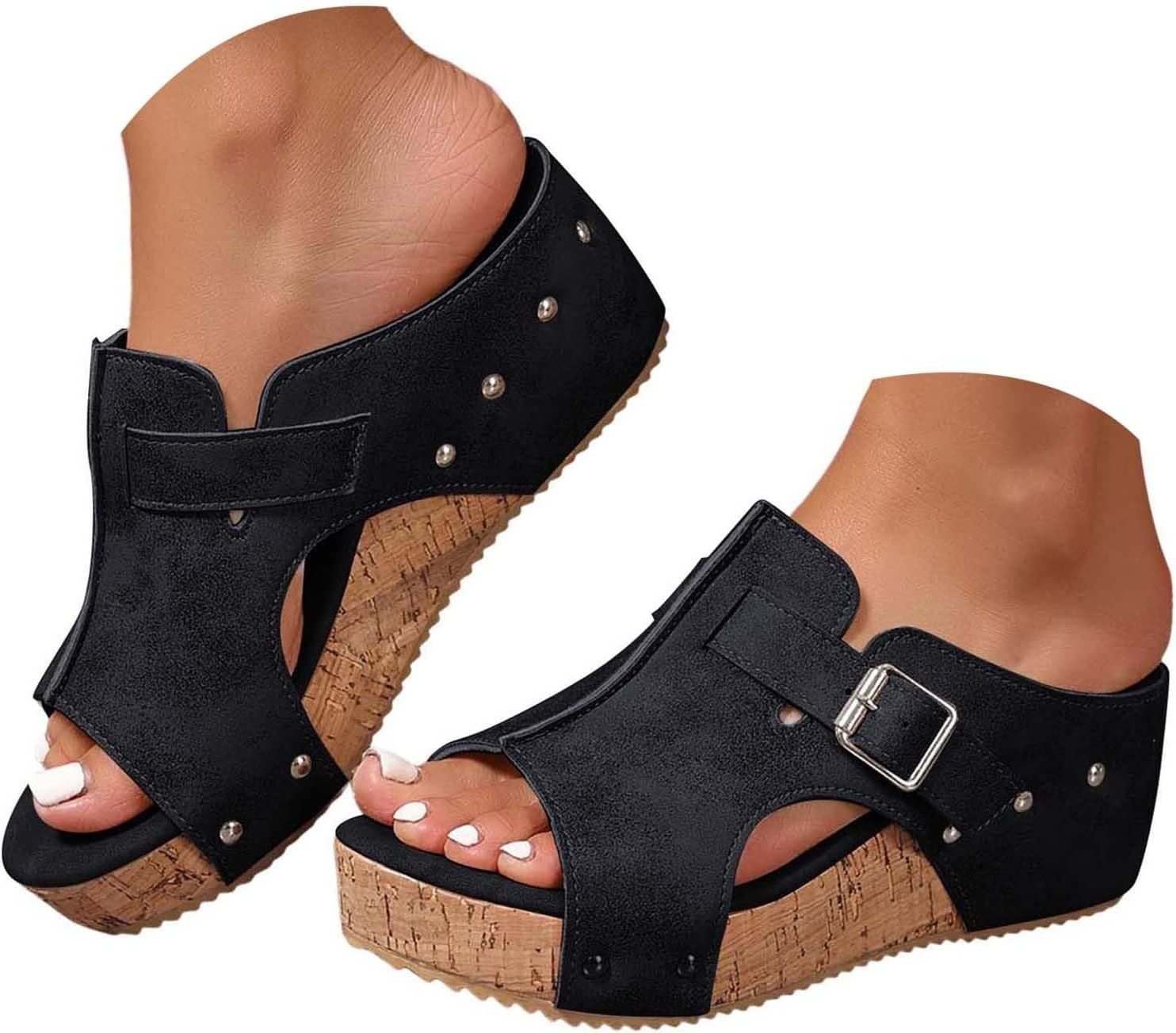 Women's Platform Wedge Sandals, Comfortable Peep-Toe Cork Casual & Dressy Summer Lightweight Sandals For All Day Wear Slip On Slides Wedge Heels Beach Vacation Shoes