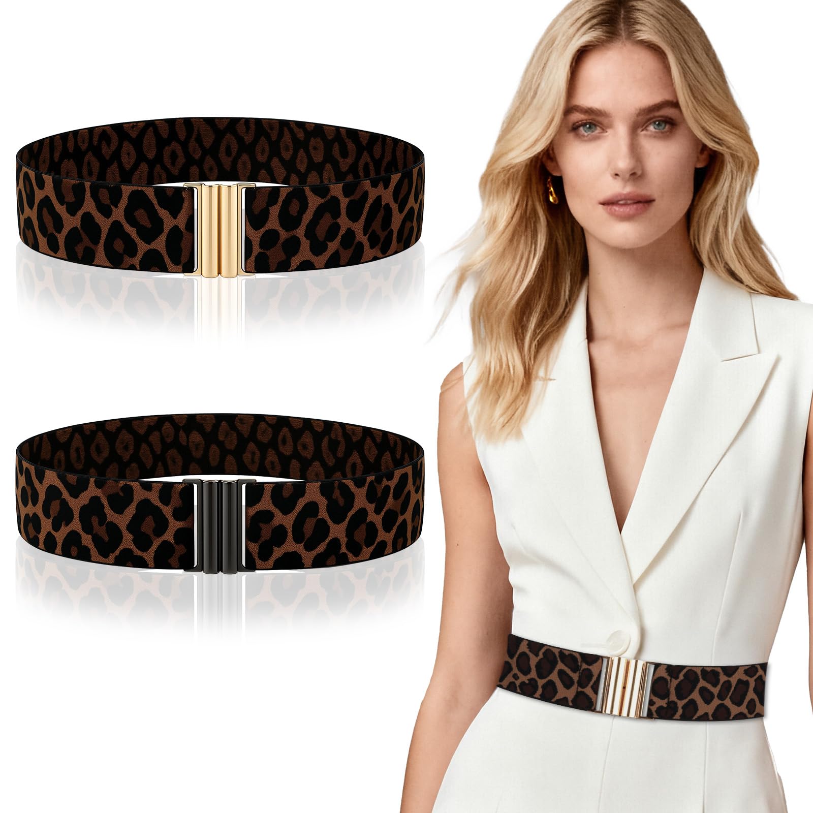 2 Pcs Leopard Belts for Women Vintage Elastic Cheetah Print Belt with Gold Silver Interlocking Buckle 23 6-31