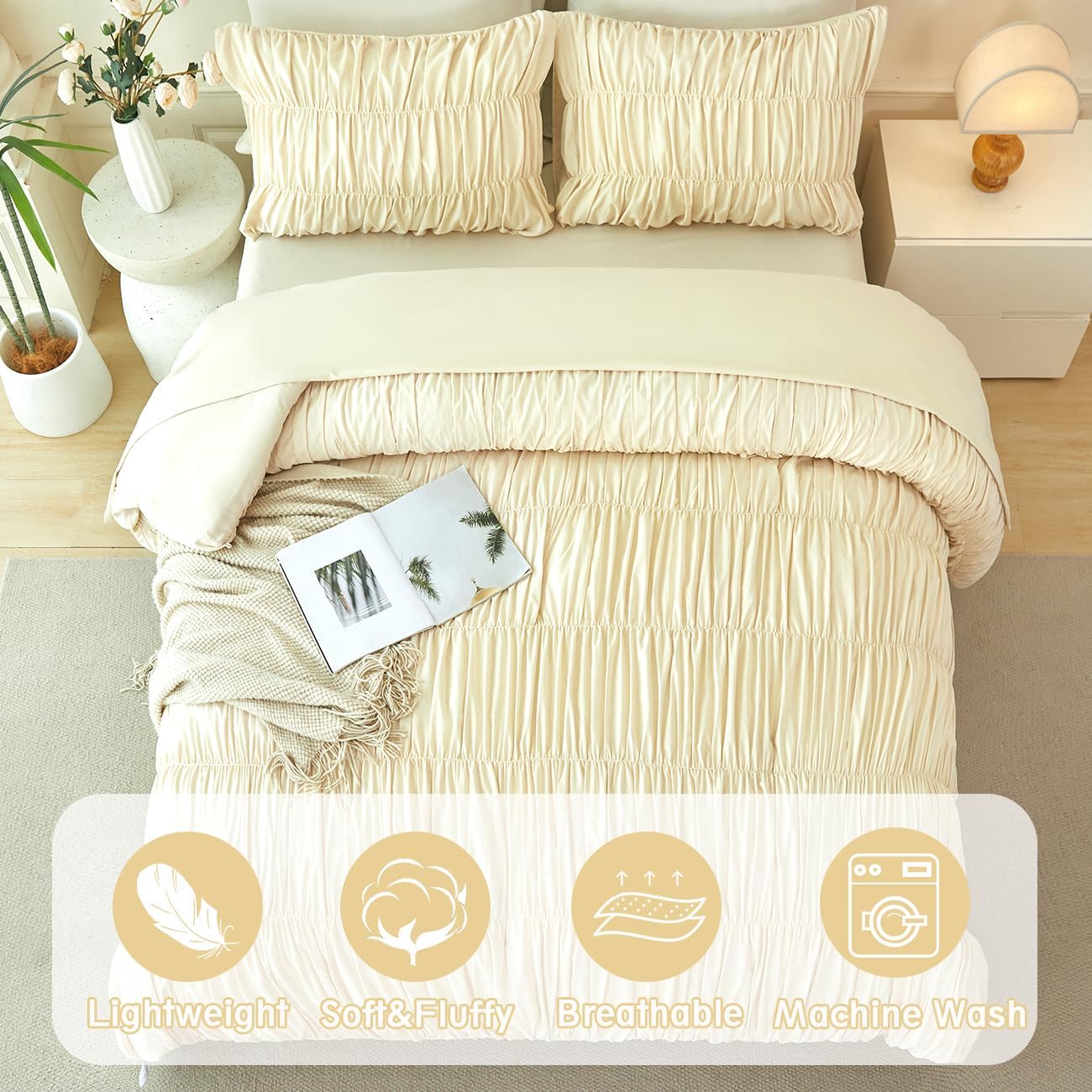 PERFEMET Beige Ruched Comforter Set King Size, 5 Pieces Boho Ruffle Bed in a Bag with Sheets, Soft Fluffy Pleated Texture Bedding Set All Season Lightweight Shabby Chic Bed Set(Beige, King)