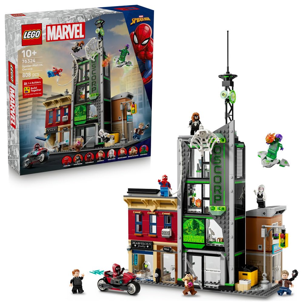 LEGO ǀ Marvel Spider-Man vs. Oscorp - Interactive Toy with a Motorbike, 8 Minifigures incl. Miles Morales & Green Goblin - Collectible Super Hero Gift for 10+ Year Old Boys & Fans - 76324
