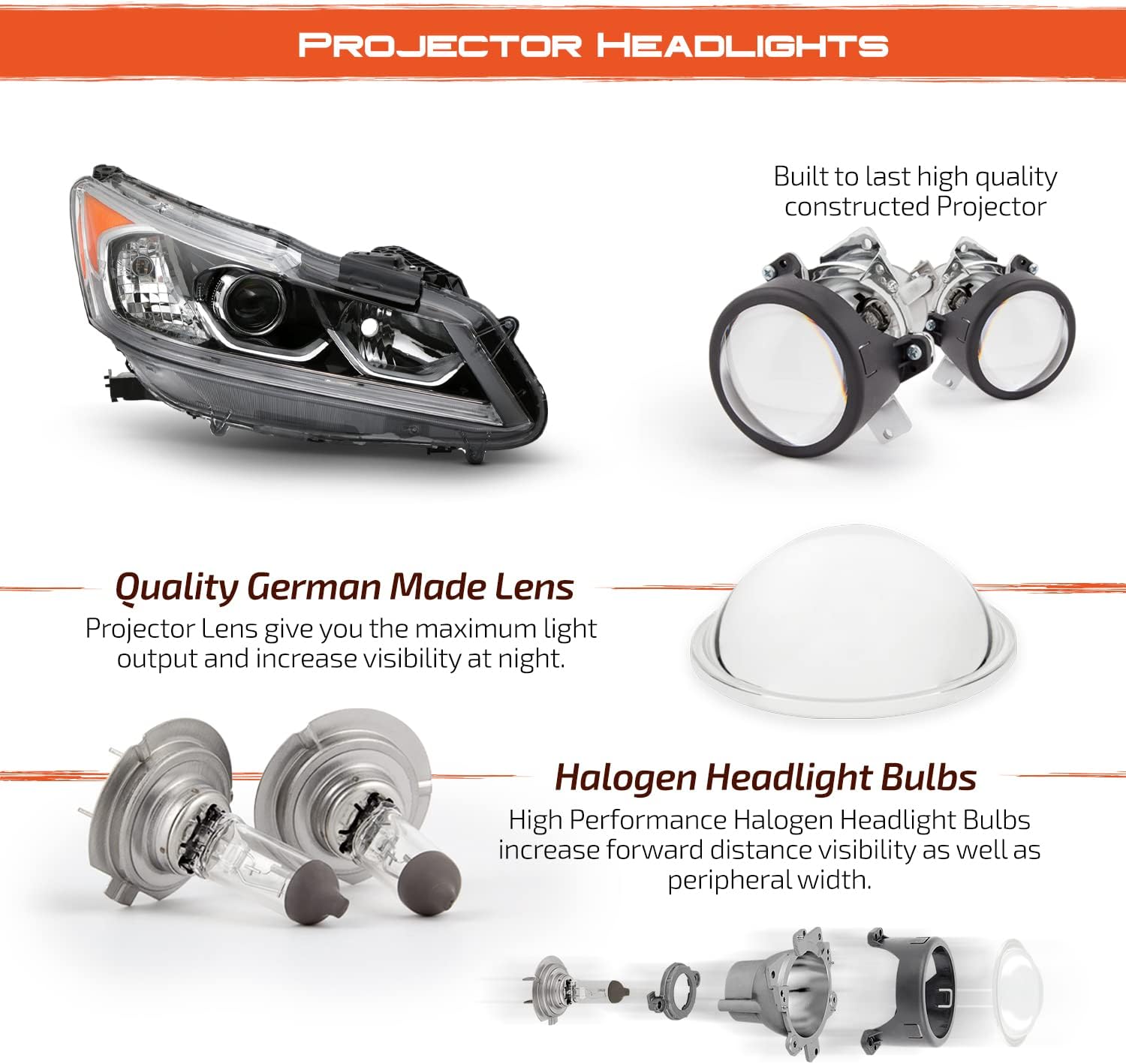 AKKON - Fits 2016-2017 Honda Accord LX 4Door Sedan [Halogen Type] Projector Headlight Chrome Headlamp Driver Left Side