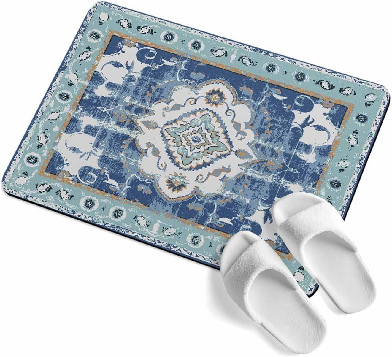 Bath Rugs Bathroom Rug,Monaco Retro Pattern Navy Absorbent Diatomaceous Earth Bath Mat Quick Drying Non-Slip Washable Shower Mat,Boho Style Geometric Art Light Blue Doormat for Bathtub Kitchen