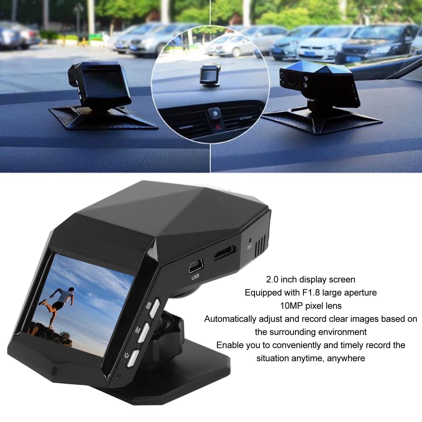 Dash Cam HD, Telecamera da Cruscotto da 2 Pollici con Grandangolo da 170°, Visione Notturna, Monitor di Parcheggio 24 Ore su 24, Registrazione in Loop, Rilevamento del Movimento