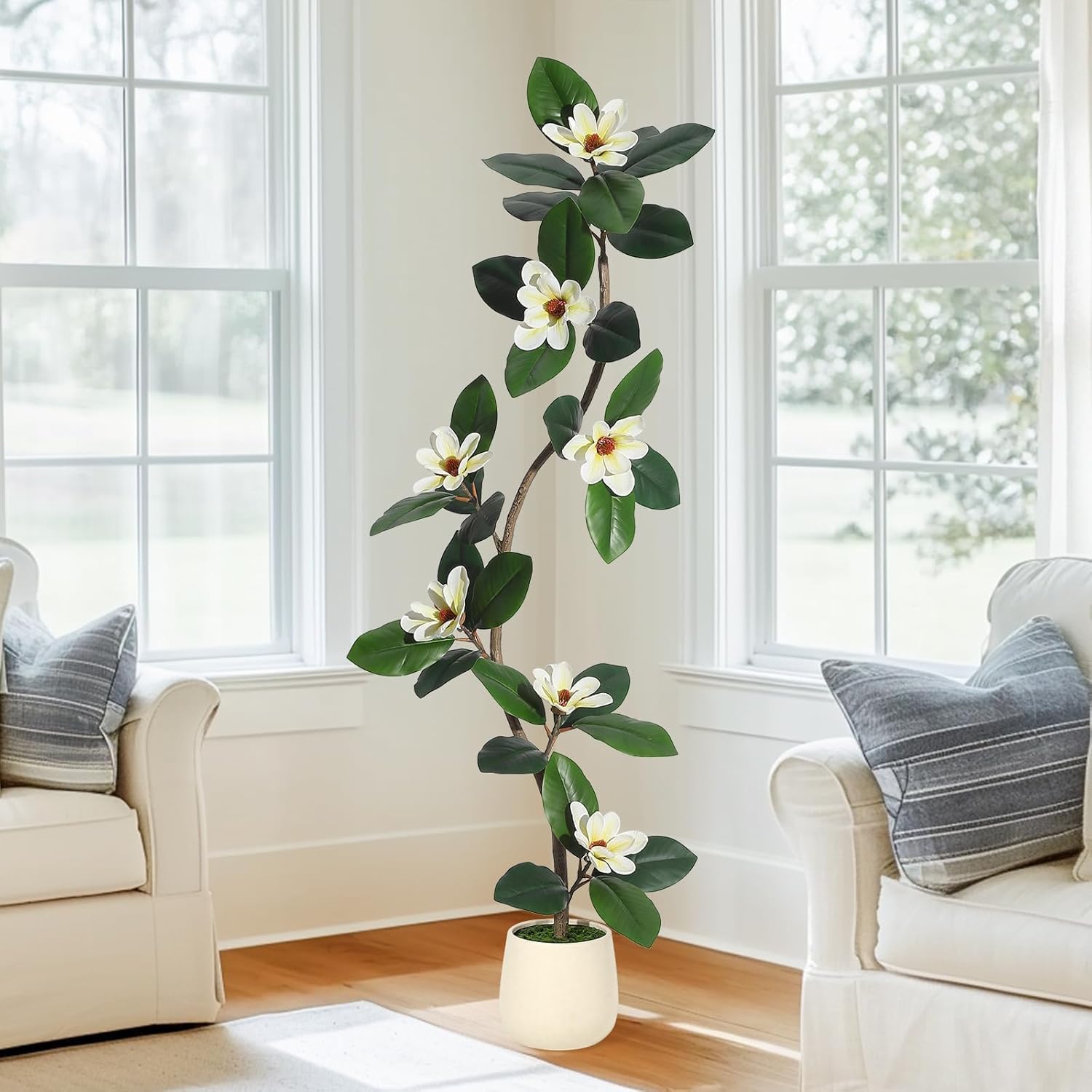 Artificial Magnolia Tree - 5FT Artificial Tree Plant in White Planter Pot - Fake Outdoor Tree with 7 Magnolia Flowers, Realistic Indoor Floor Plant for Home, Office, Living Room Decor
