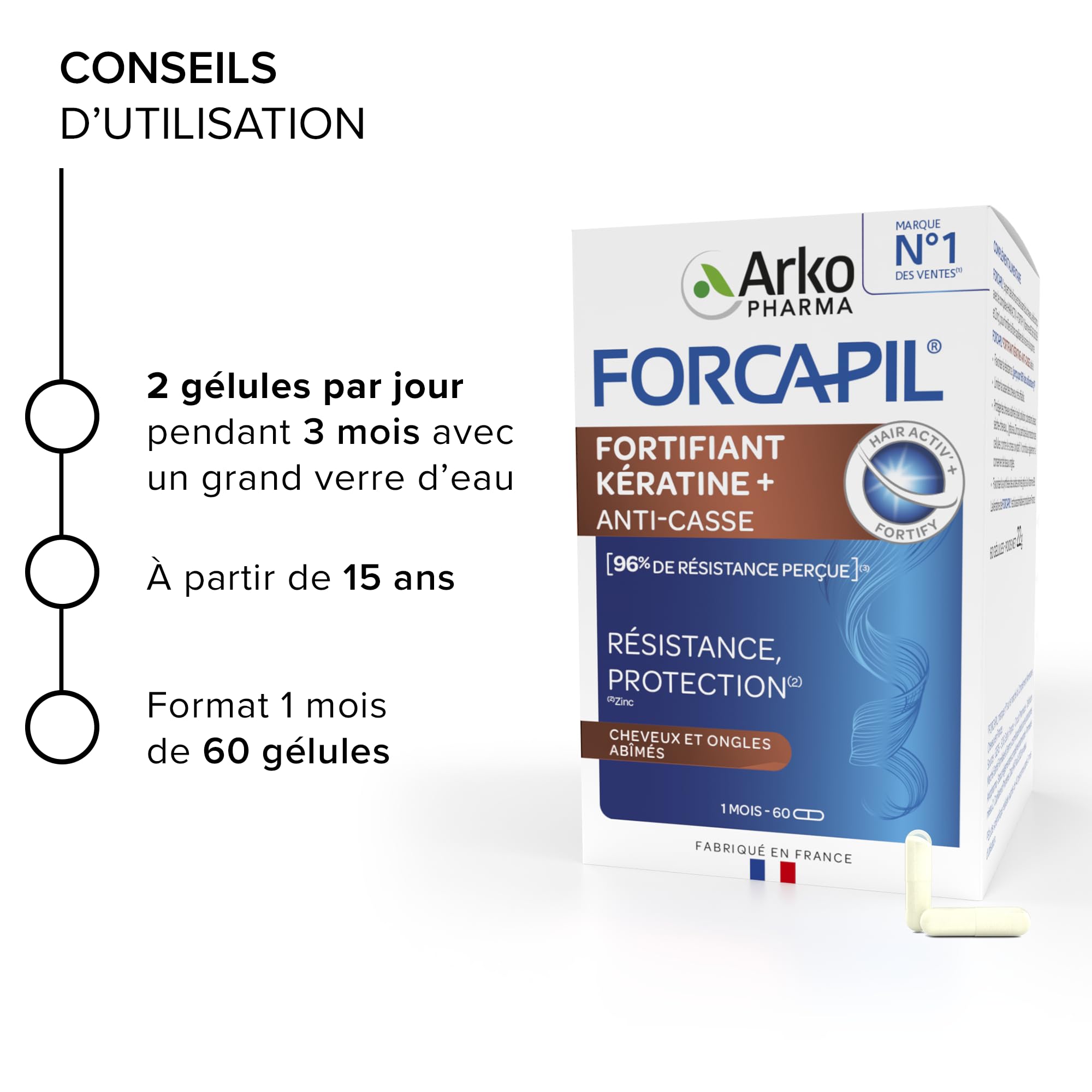 Arkopharma Forcapil Fortifiant Kératine+ Programme 3 mois 120 + 60 Gélules