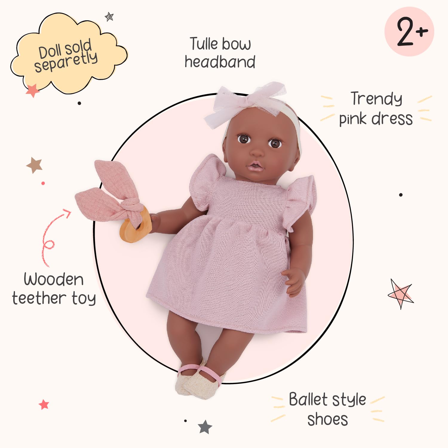 LullaBaby Ubranie dla lalek dla lalek 36 cm – różowa sukienka, opaska na czoło, smoczek i buty – akcesoria dla lalek – zabawka dla dzieci od 2 lat – różowa