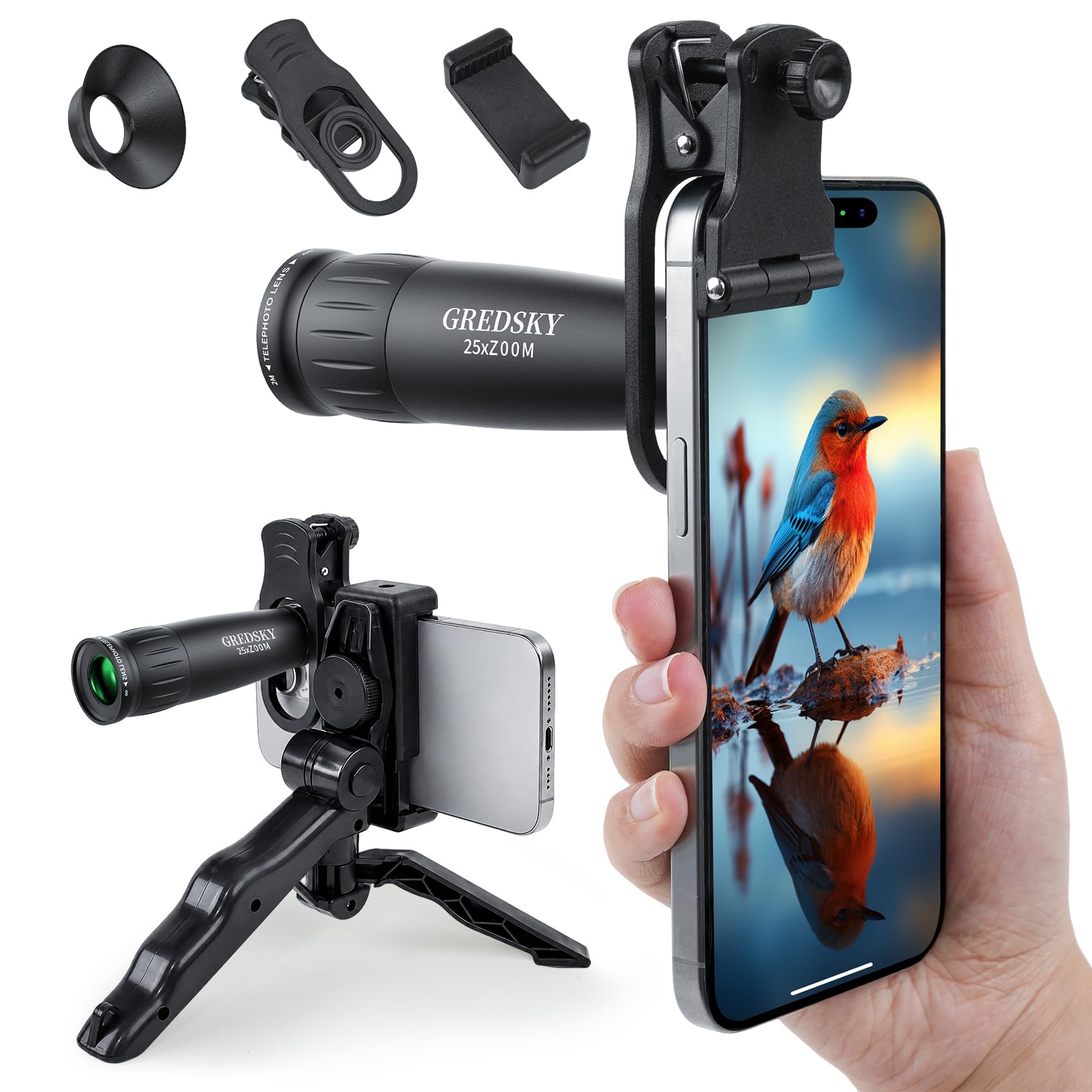 スマホ望遠レンズ 単眼鏡【アップグレード版】 25倍高倍率 90g軽量 明るくクリアな視界 耐久性と のある金属ボディ 安定感のある三脚付き レンズクリップ付き iPhone/Android多機種対応 ライブ コンサート スポーツ観戦 バードウォッチング 旅行（ブラック）