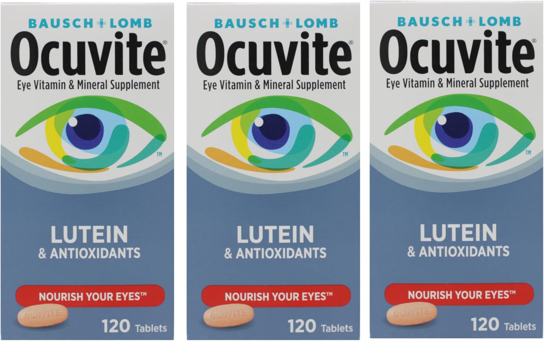 Bausch + Lomb Ocuvite Vitamin & Mineral Supplement Tablets with Lutein, 120 Count Bottle (Pack of 3)