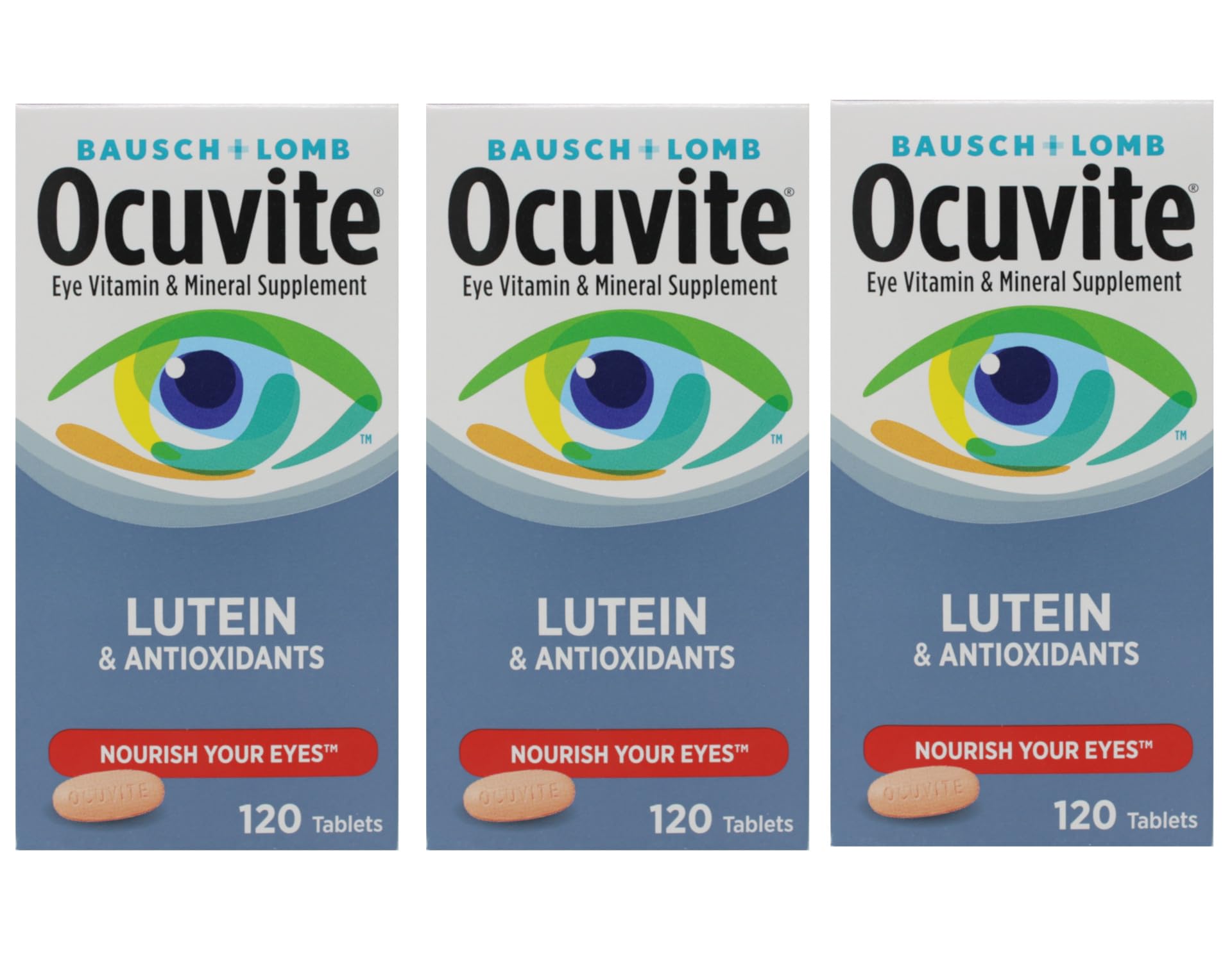 Bausch + Lomb Ocuvite Vitamin & Mineral Supplement Tablets with Lutein, 120 Count Bottle (Pack of 3)