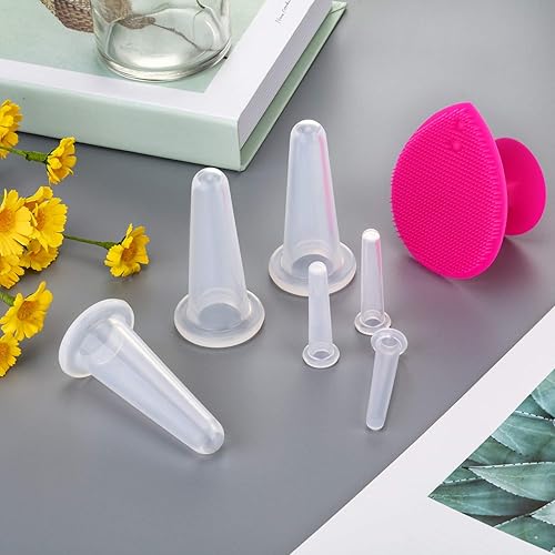 Vista 6 de BBTO Juego de ventosas faciales de silicona, kit de taza de masaje al vacío para cuerpo, cara, cuello, espalda y ojos, 6 tazas y cepillo exfoliante