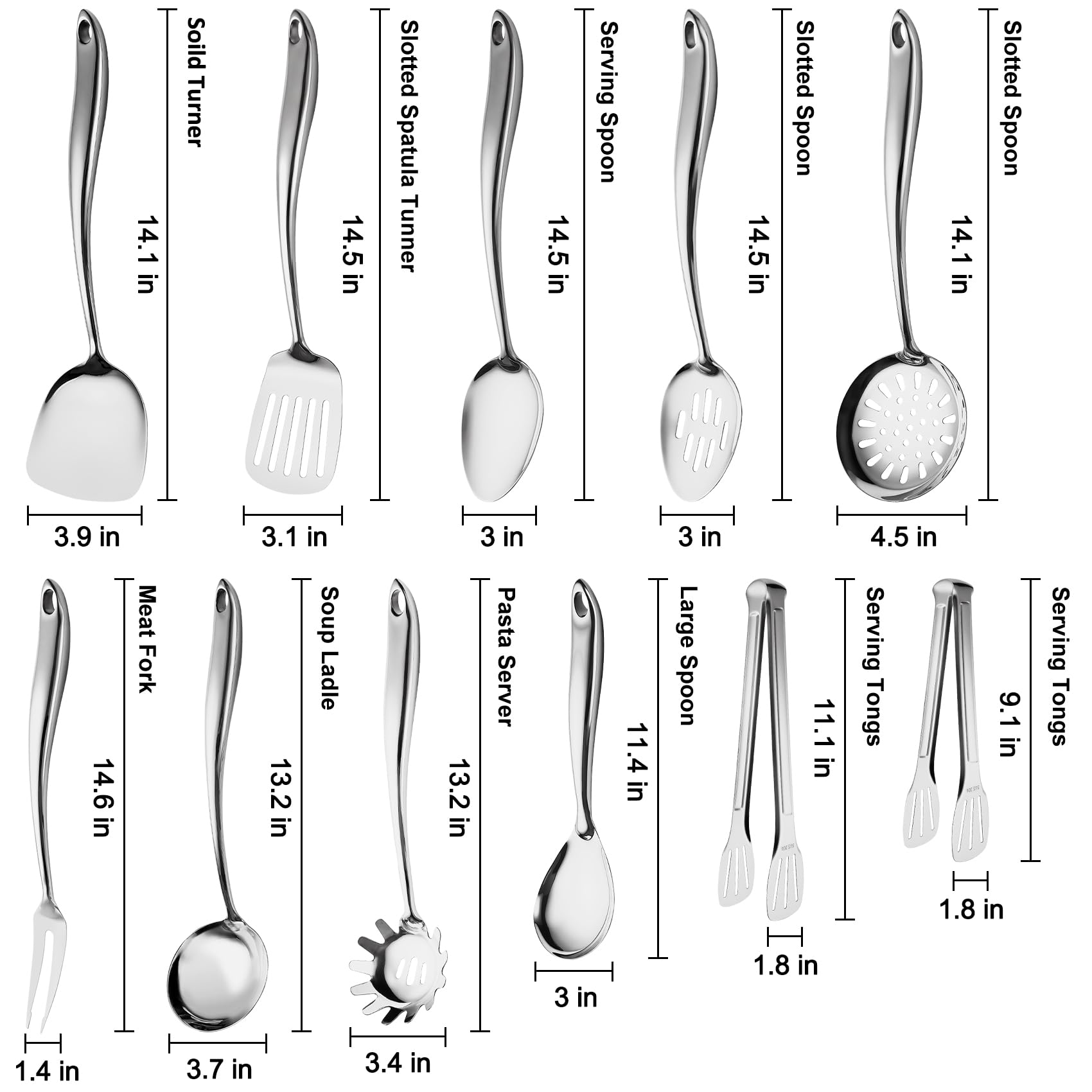 Set di utensili da cucina in acciaio inox 304, 11 pezzi, con spatola, cucchiaio, mestolo, schiumarola, paletta, paletta per pasta, pinze