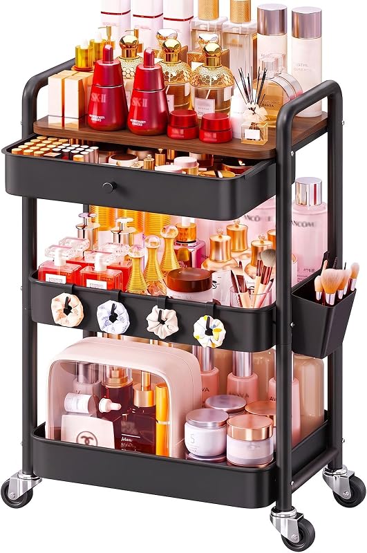 Organizador com Rodas Aofure de 3 Níveis para Maquiagem, com Gaveta e Estrutura de Metal