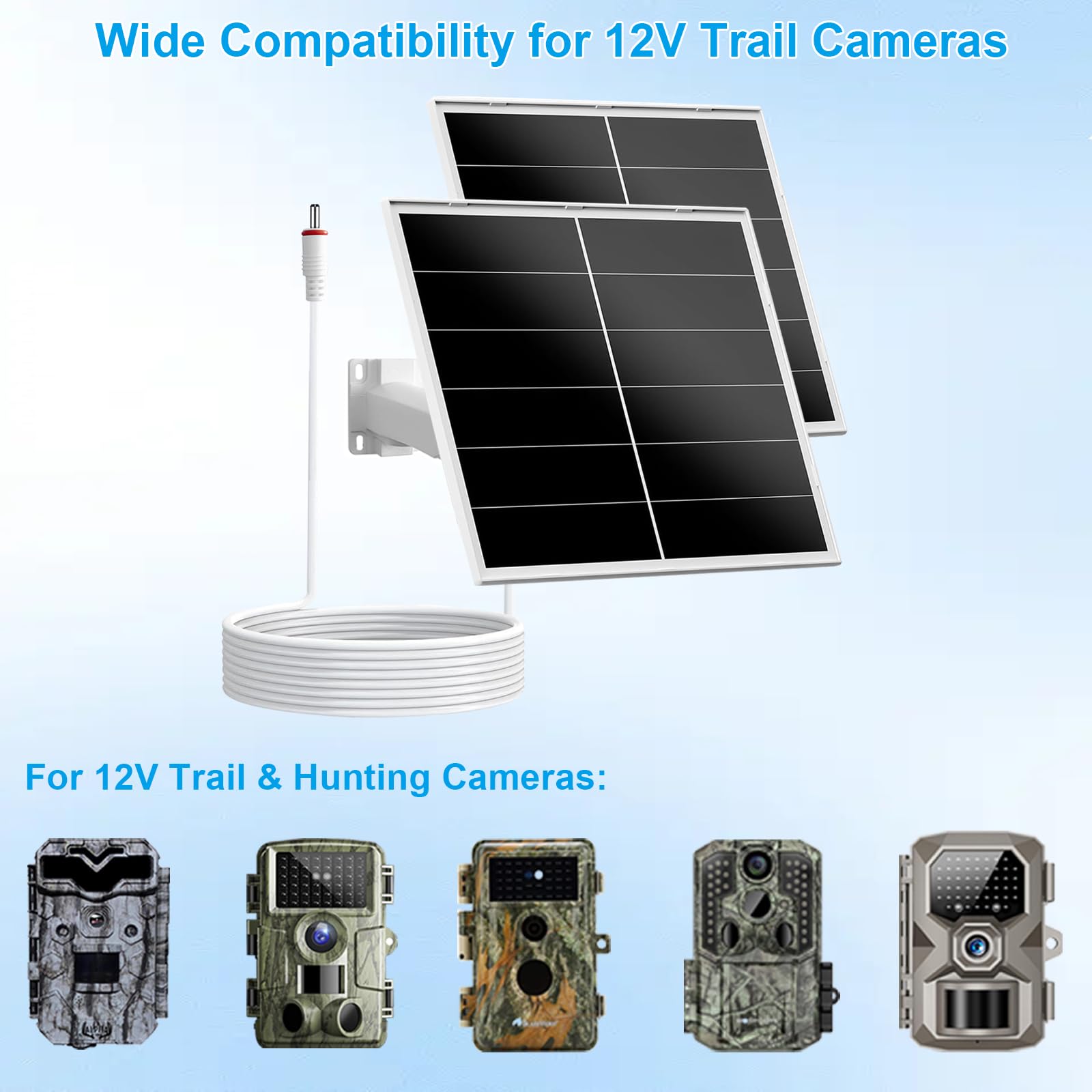 Pannello solare da 20 W 12 V per fotocamere da trail, caricatore solare CC con uscita 5,5 x 2,1 mm, impermeabile IP66, supporto regolabile a 360° per caccia, fattoria e uso esterno, confezione