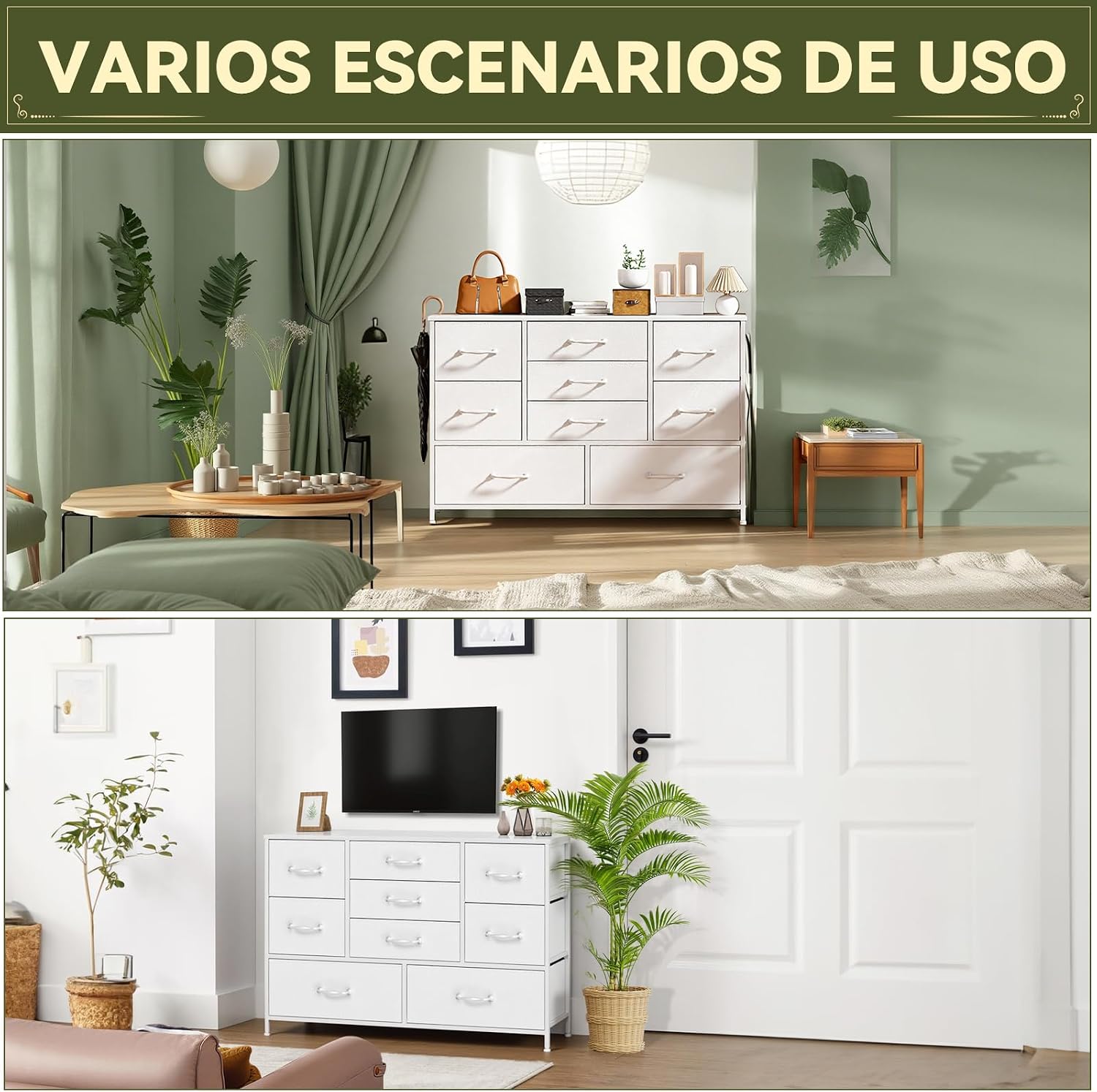 Images showing the dresser used in different room settings like a living room and a bedroom.