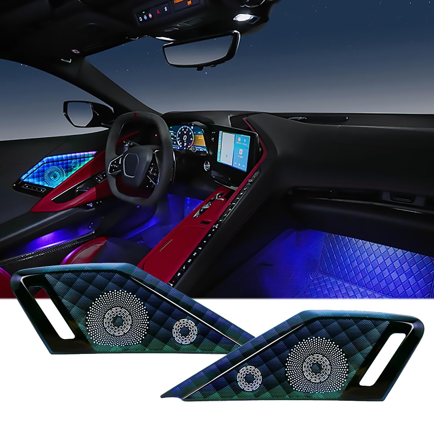 BILLFARO Speaker Grill Cover with LED RGB Ambient Light,Storage Light and Foot Lamp Door Relays Cover Light for Corvette C8 Stingray Z51 2020+ for Z06