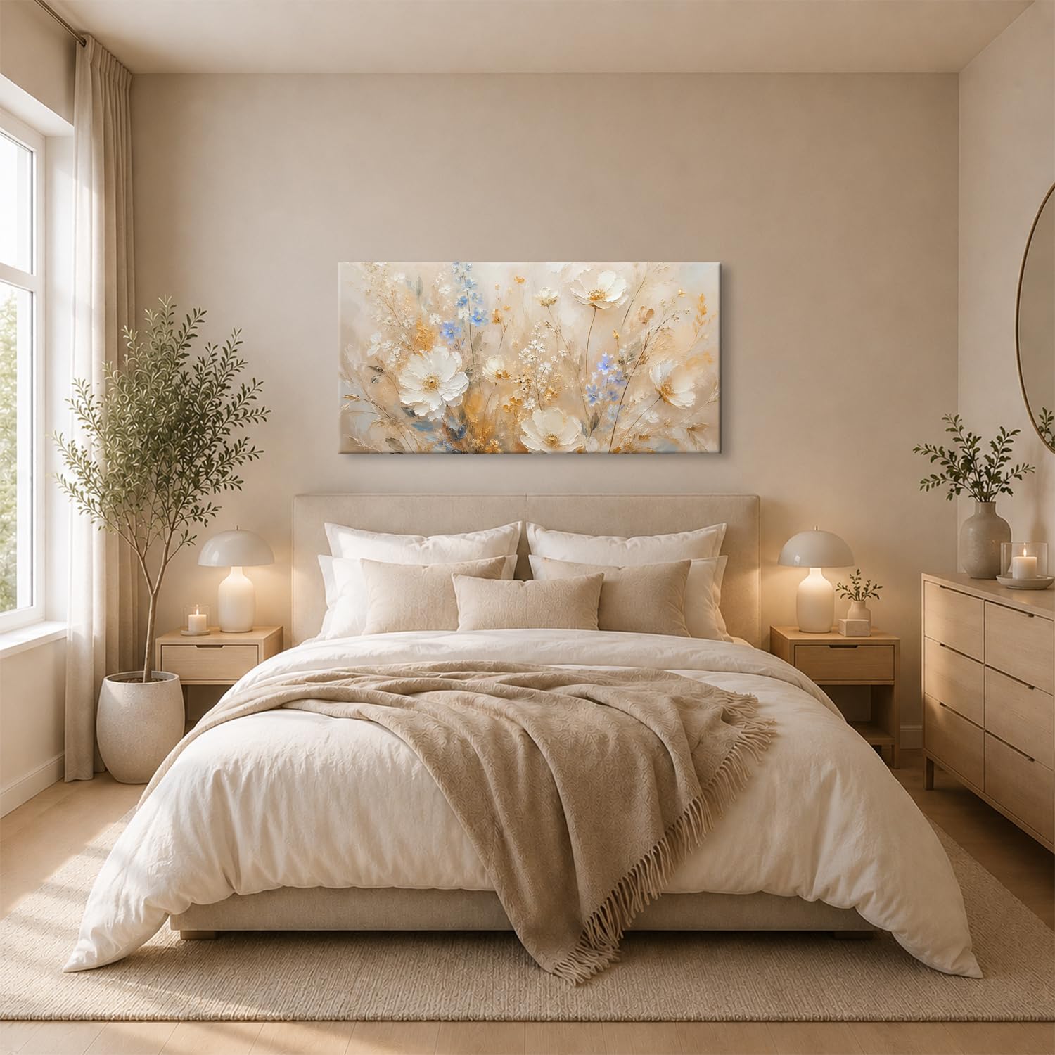 Leinwandbild Zarte weiße und blaue Blumenwiese 100x50cm Farbig