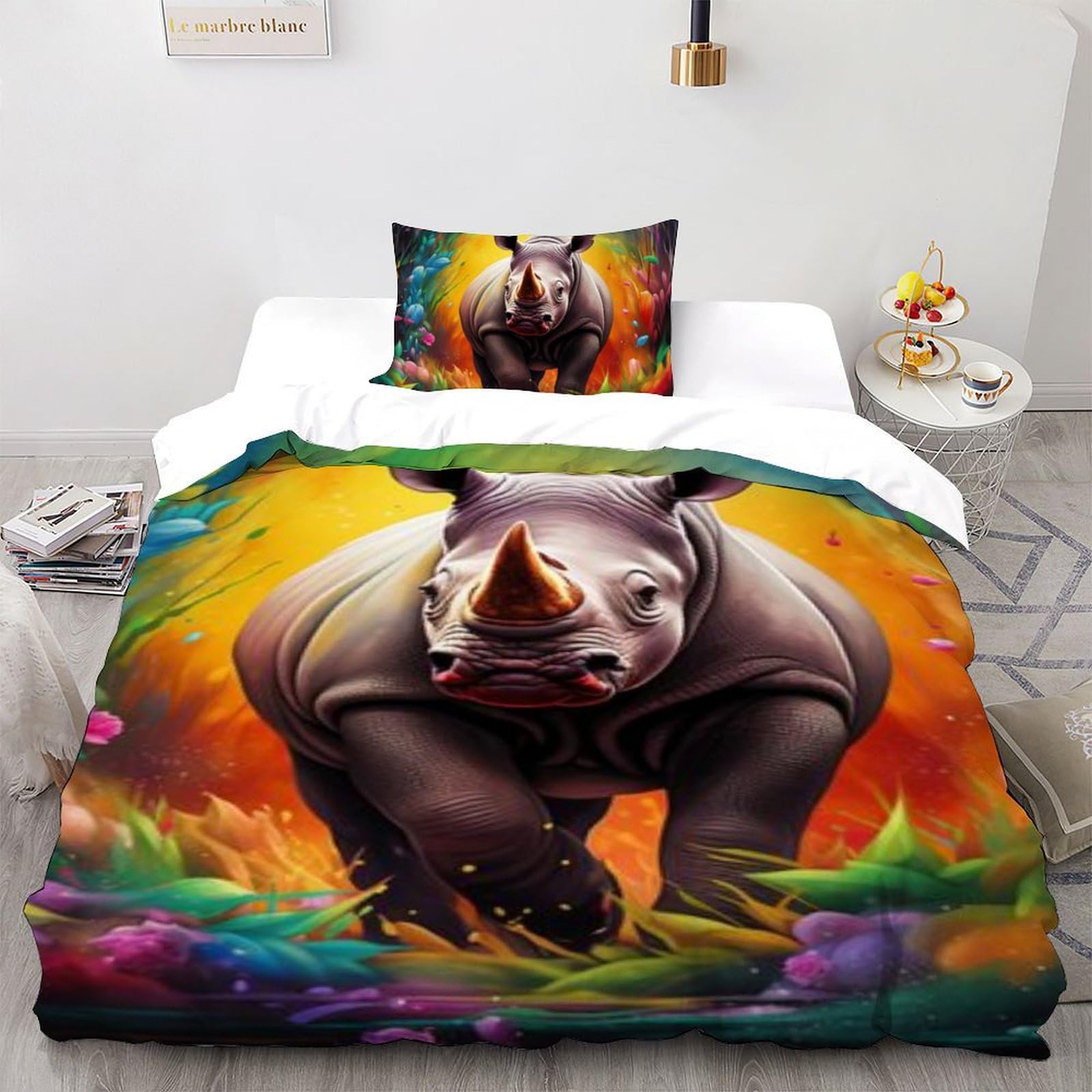 Housse de couette single rhinocéros 3D 135x200cm en microfibre douce avec une taie d'oreiller pour garçon
