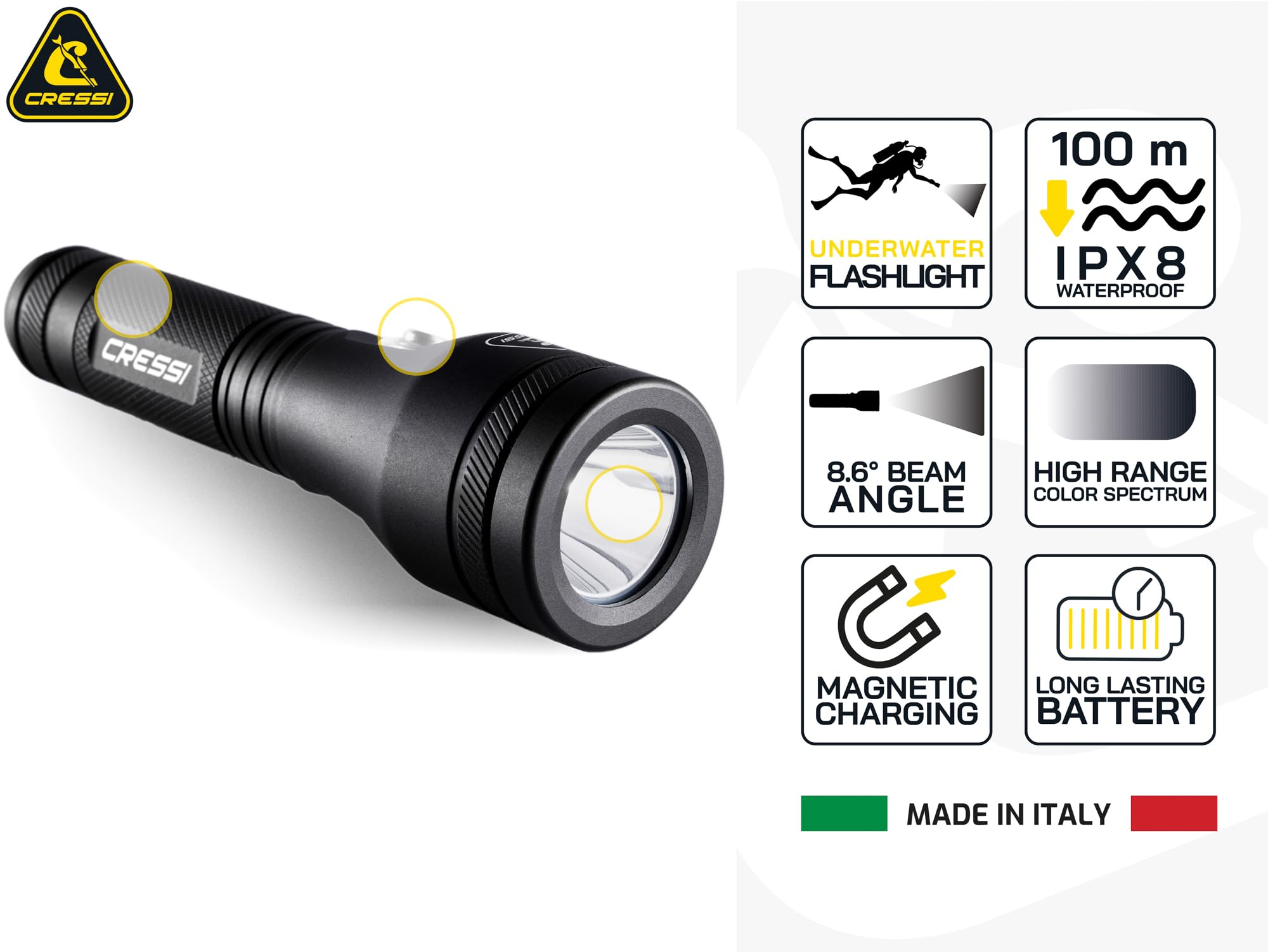 CRESSI Astra 1200 latarka podwodna LED o wysokiej jasności, 1200 lumenów, wodoodporna, IPX8, 100 m, unisex, czarna i kompaktowa, do nurkowania, wędkowania, eksploracji wodnych