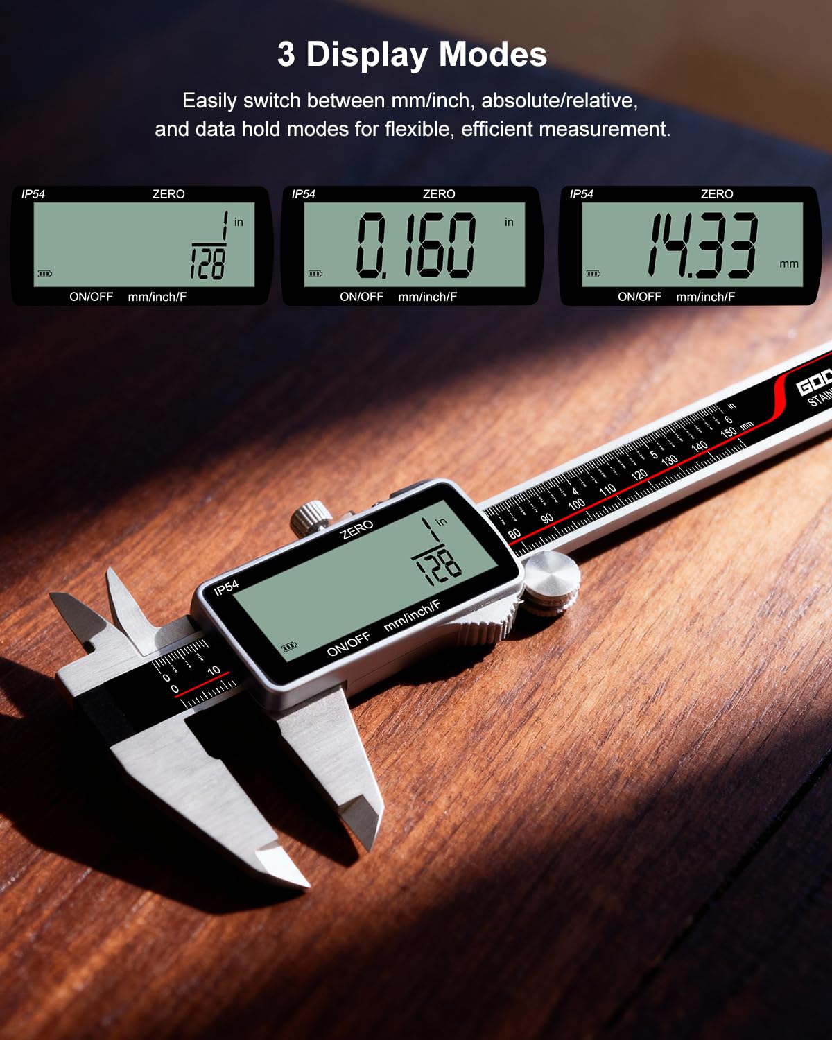 GODESON Calibrador digital, herramienta de medición de calibrador IP54, acero inoxidable y pantalla LCD grande, micrómetro digital recargable, pantalla en pulgadas/métrica/fracciones, calibradores