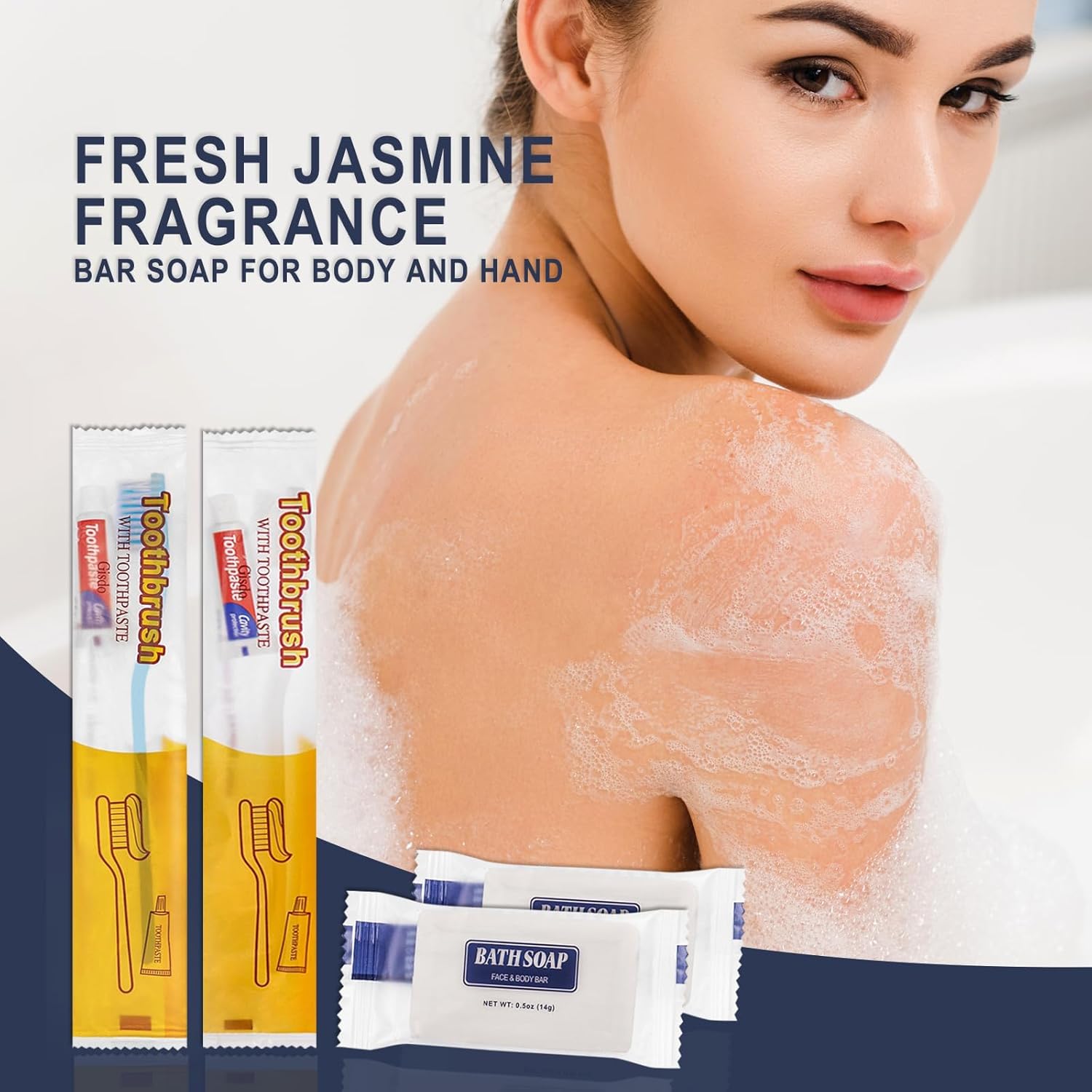 100 Pack Disposable Toothbrushes with Toothpaste and Soap Individually Wrapped, 100 pcs Toothbrushes (Blue, White) with 100 pcs Bar Soap(0.5 oz)