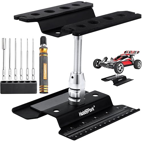 Hobbypark Aluminum RC Car Work Stand Repair Workstation 360 Degree Rotation Lift Or Lower, RC Hex Driver Tools 6-in-1 for 1/10 1/12 1/16 1/18 Scale (Black)
