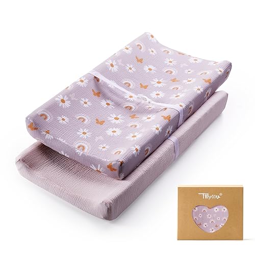Miniatura 9 de TILLYOU Funda de muselina para cambiador de pañales para bebés, niñas y niños, de algodón suave y transpirable, 2 unidades (flor amarilla) Flor