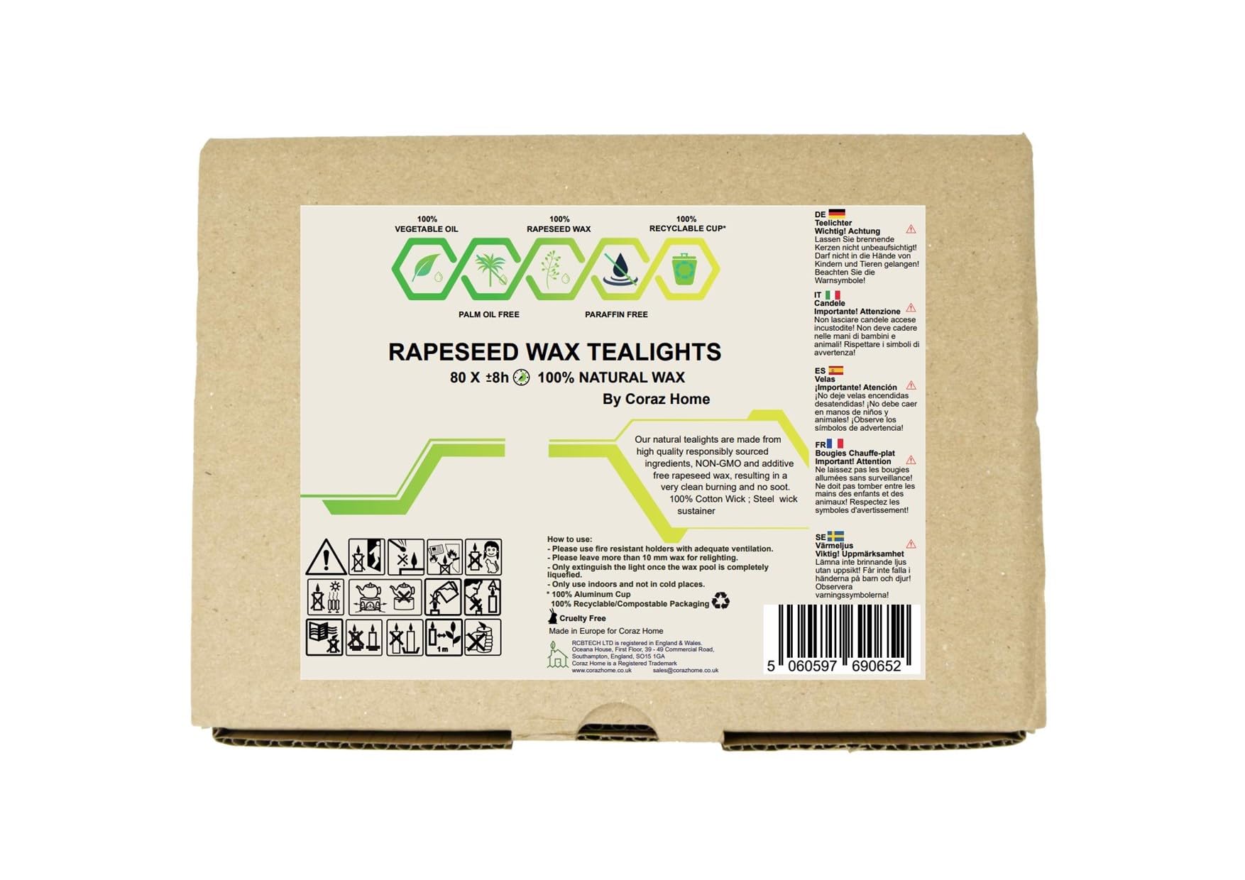 Velas de té naturales sin perfume hechas de velas de cera de colza con 8 horas de tiempo de combustión Candlelitas Sin parafina en vaso de aluminio reciclable Sin plástico